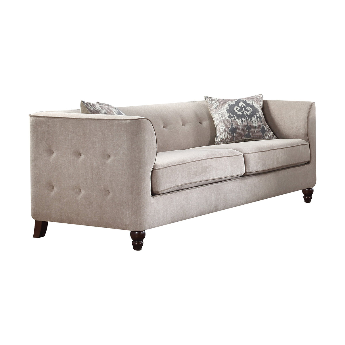 Acme Cyndi Button Tufted Tuxedo Sofa with Pillows in Tan Velvet