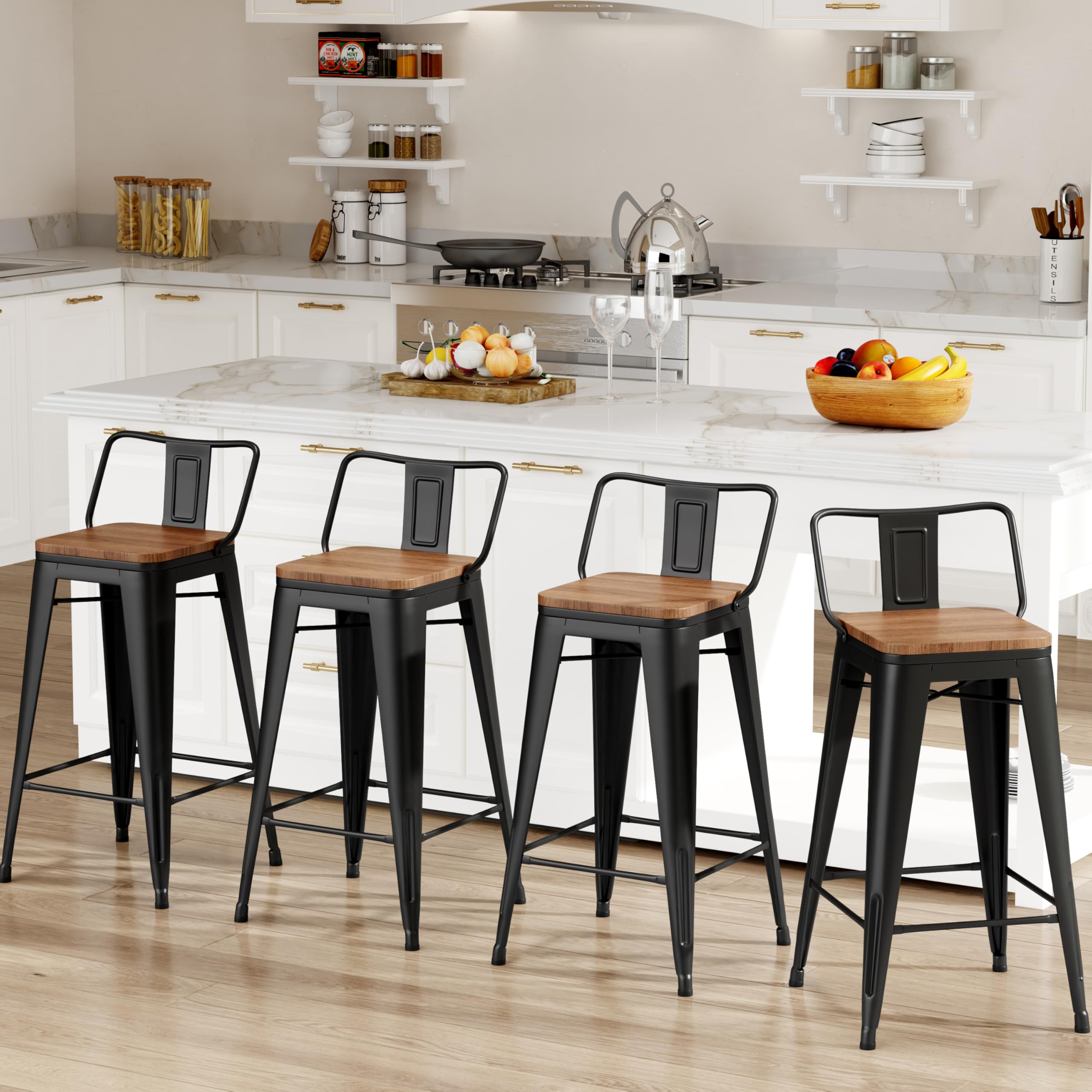 Changjie Furniture 26 Inch Bar Stools Set Of 4 Industrial Metal Barstools Counter Height Bar Stool With Backs For Home Kitchen (26 Inch, Black)