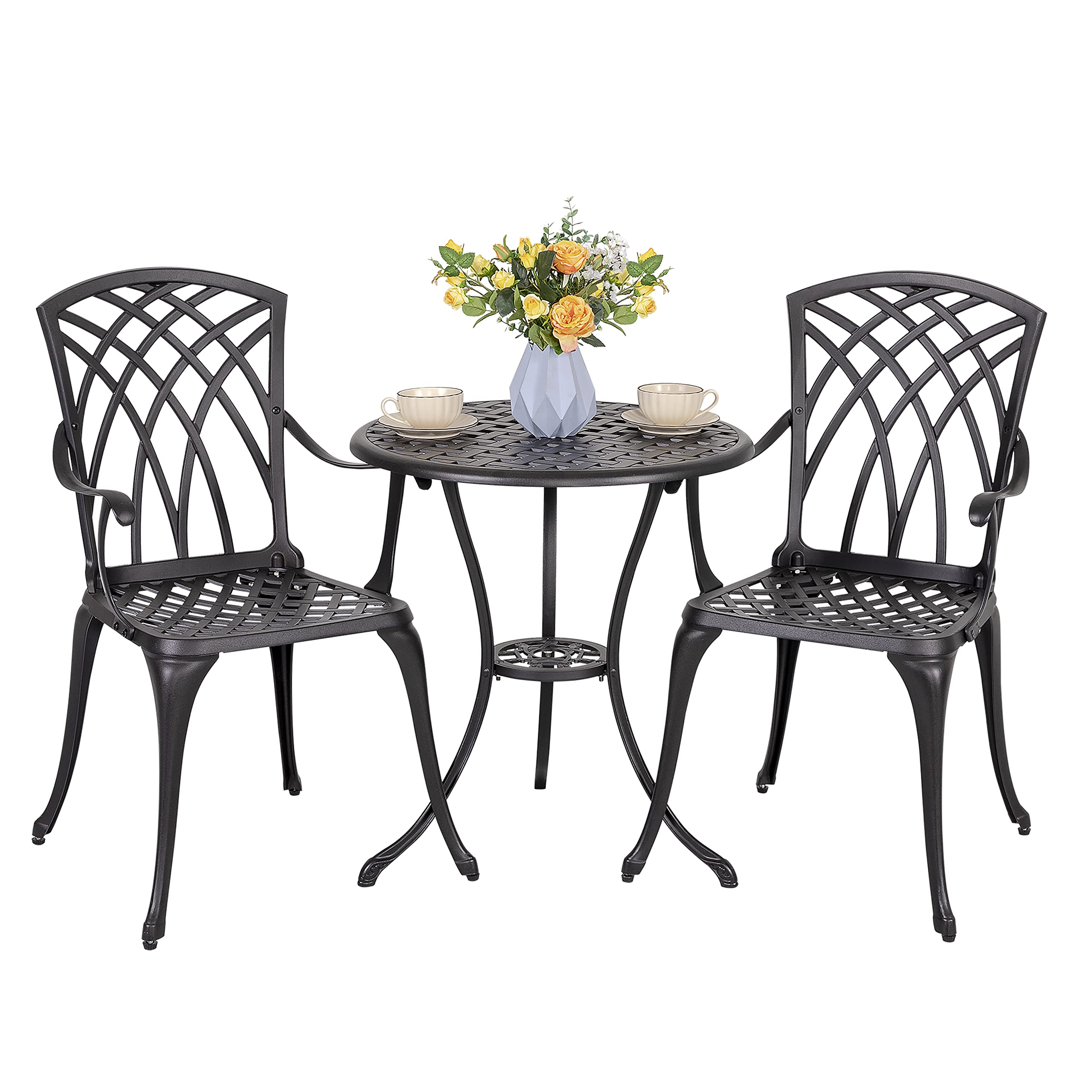 Nuu Garden Patio Bistro Sets 3 Piece Cast Aluminum Bistro Table And Chairs Set With Umbrella Hole Bistro Set Of 2 For Patio Backyard, Black