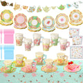 Yungyan 194 Pcs Tea Floral Party Supplies Include 9 oz Paper Tea Cups with Handle, 6 Paper Plates Napkins Banner, Plastic Tablec