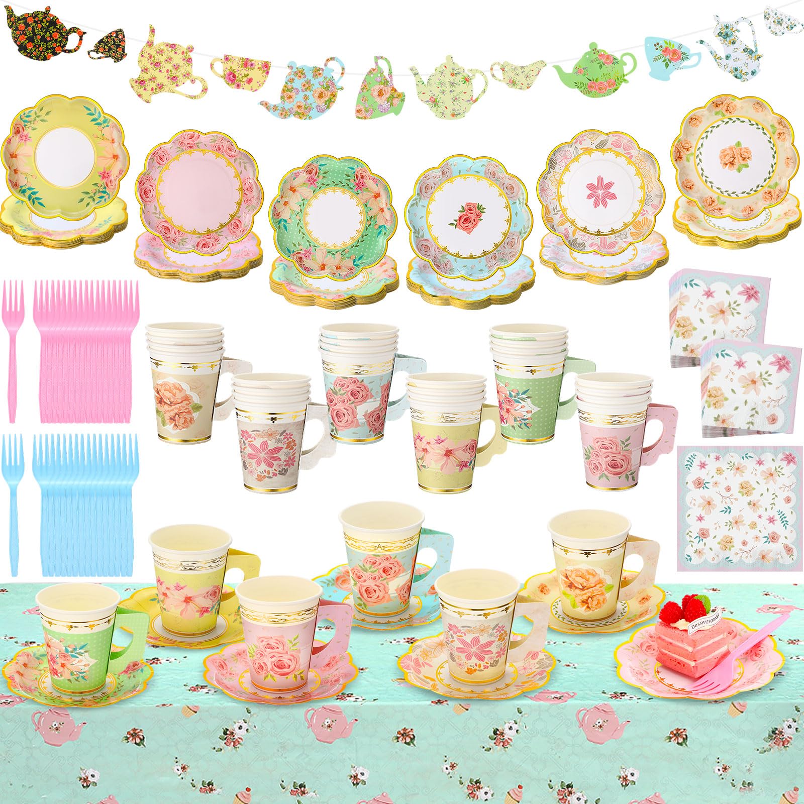 Yungyan 194 Pcs Tea Floral Party Supplies Include 9 oz Paper Tea Cups with Handle, 6 Paper Plates Napkins Banner, Plastic Tablec