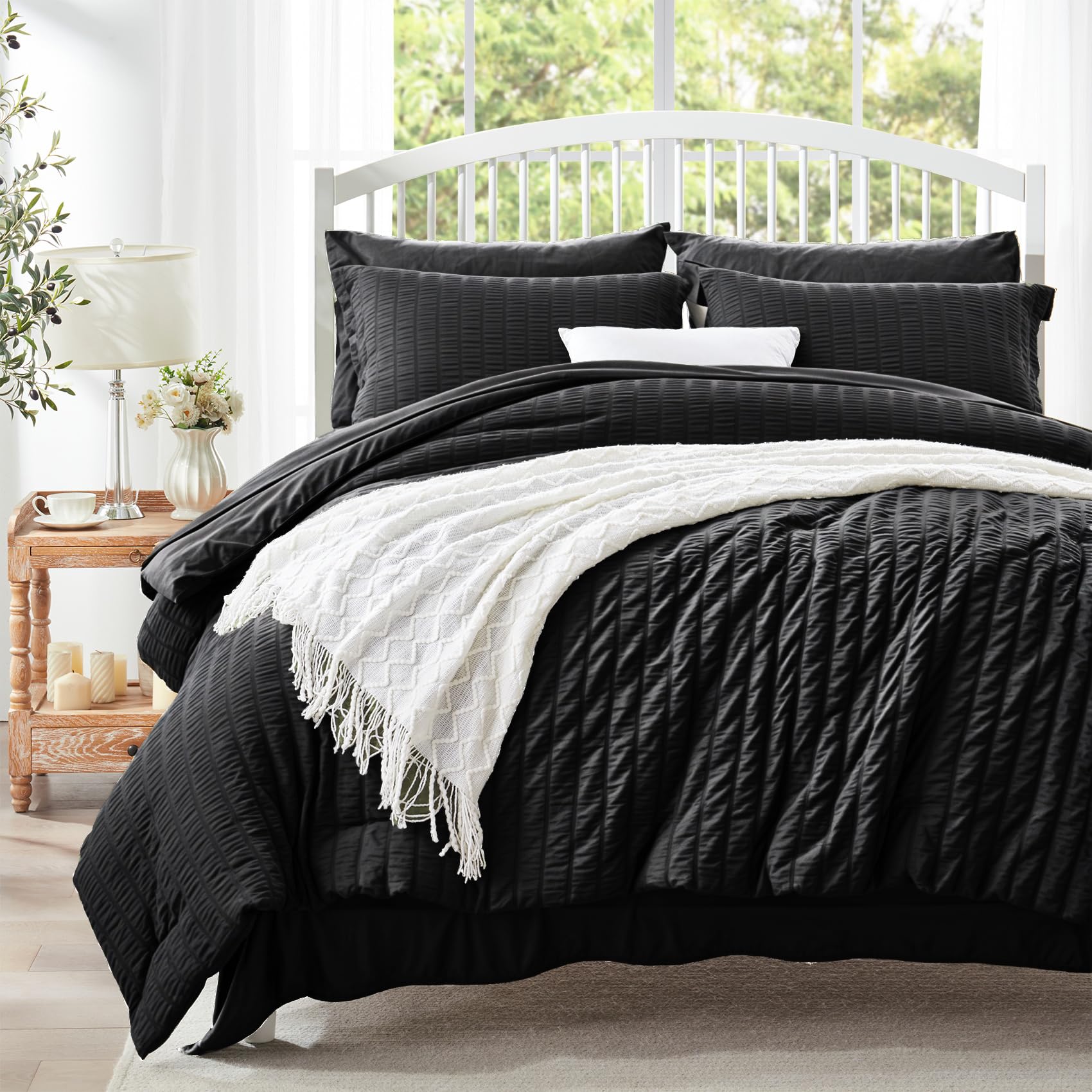 Zzlpp Queen Comforter Set 7 Pieces, Black Seersucker Bed In A Bag With And Sheets, All Season Bedding Sets 1 Comforter, 2 Pillow