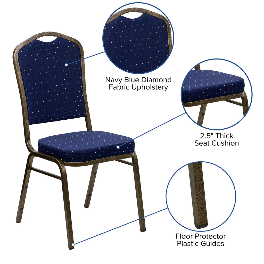 Flash Furniture Hercules Series Crown Back Stacking Banquet Chair In Navy Blue Dot Patterned Fabric - Gold Vein Frame