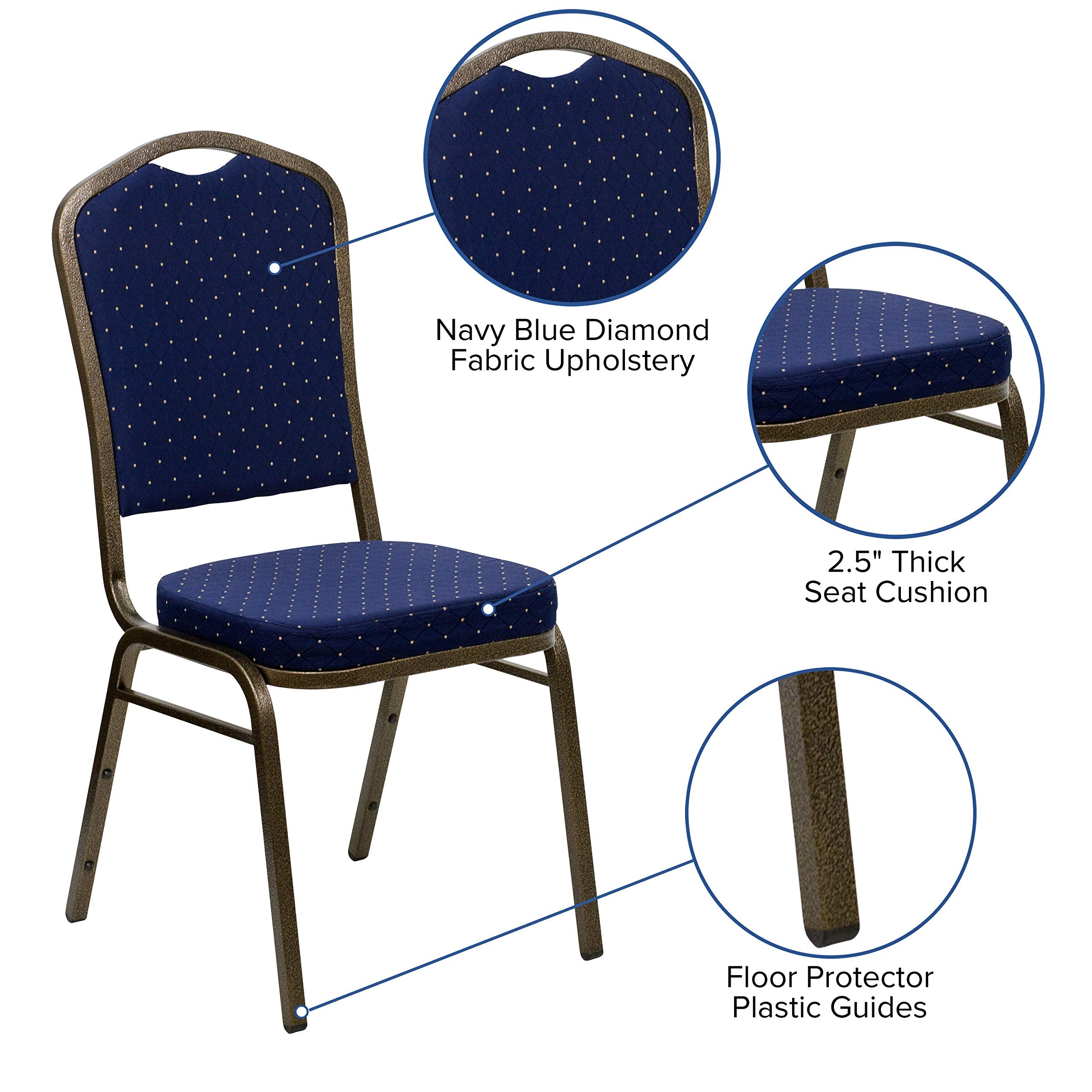 Flash Furniture Hercules Series Crown Back Stacking Banquet Chair In Navy Blue Dot Patterned Fabric - Gold Vein Frame
