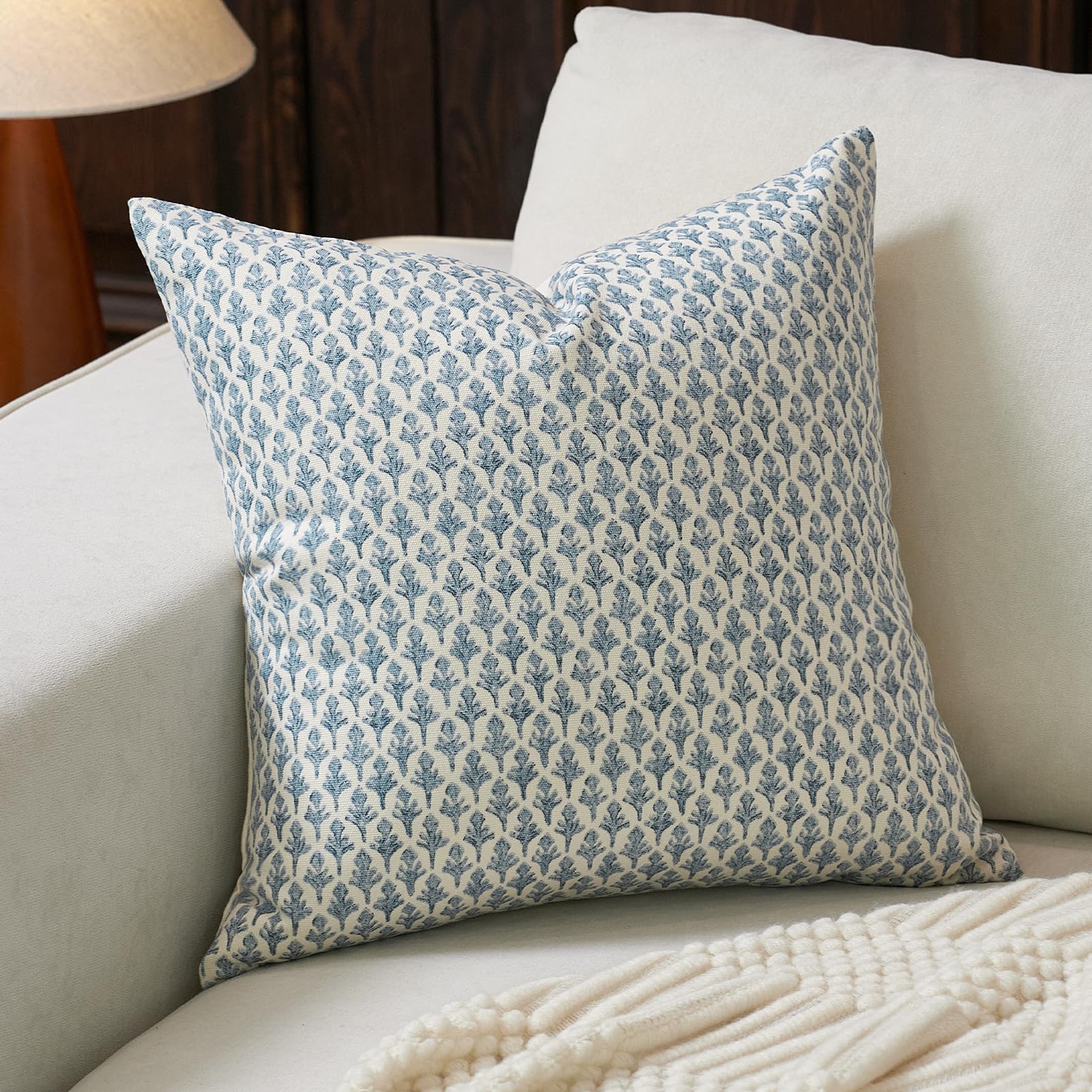 Fiouovo Floral Pillow Covers 18X18 Pillow Cover Block Print Couch Pillows For Living Room Decorative Neutral Accent Throw Pillow