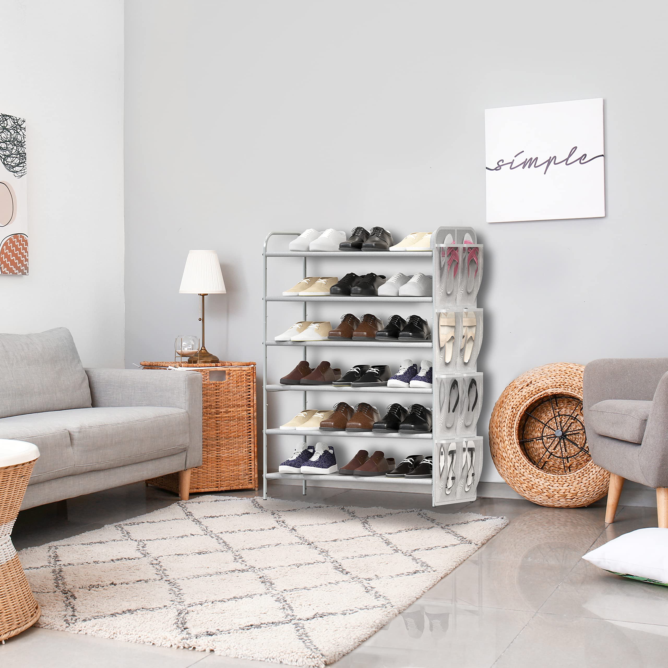 Simple Houseware 6-Tier Shoe Rack Storage Organizer W/Side Hanging Bag, Grey