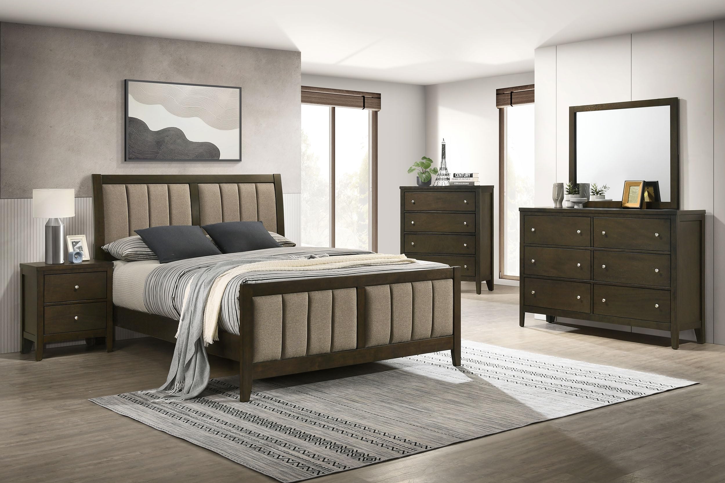 Coaster Home Furnishings Wilkes Transitional 5-Piece Bedroom Set Fabric Upholstered Eastern King Size Panel Bed Frame 51-inch Headboard Dark Cocoa 224421KE-S5