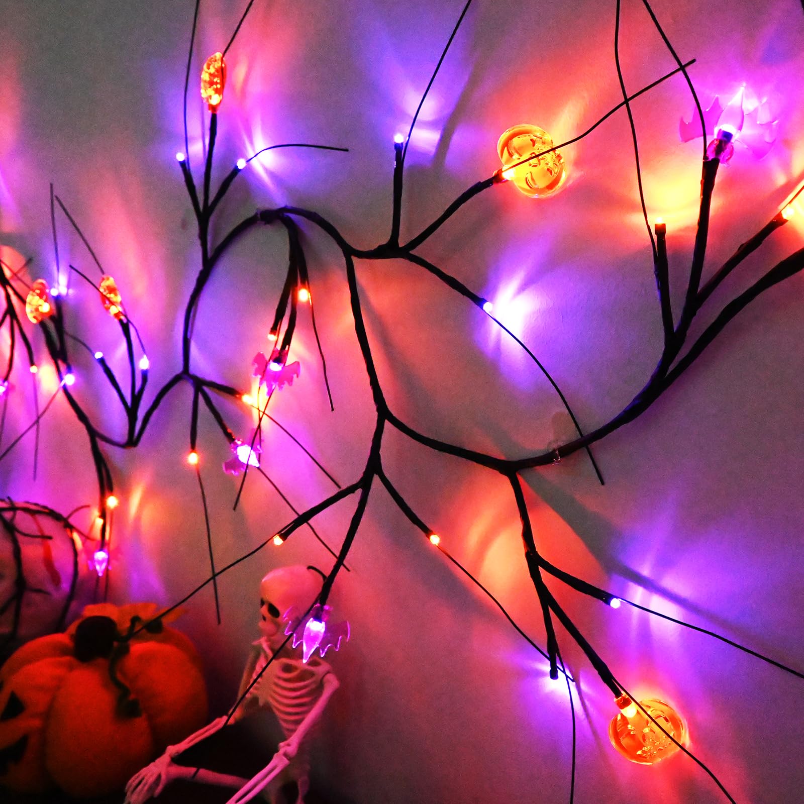 PALONMY Halloween Decor Lights 8.8 Ft 72 LED Willow Vine Twig with Timer Battery Operated Garland Lights 12 LED Pumpkin 12 LED B