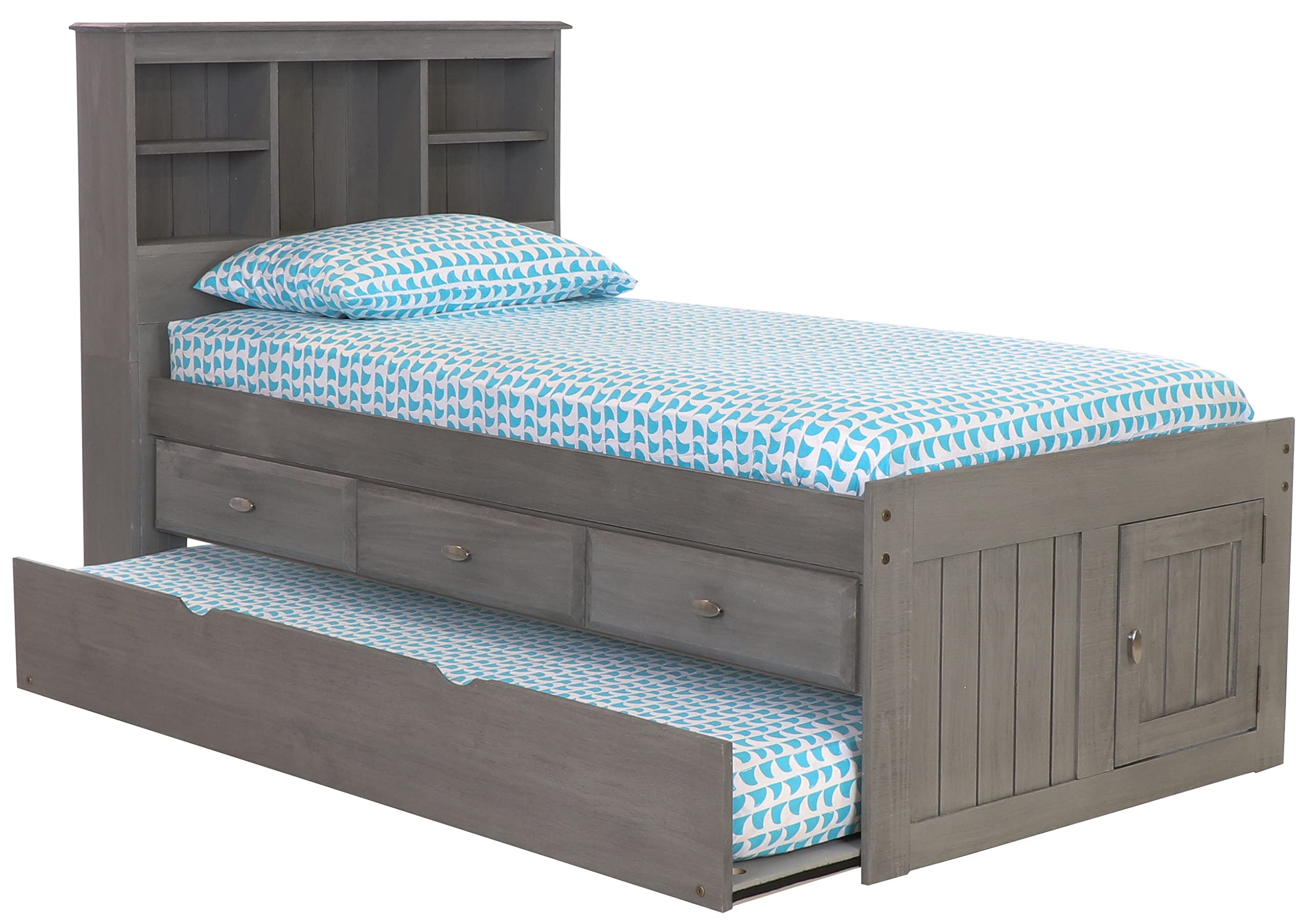 OS Home and Office Furniture Solid Pine Twin Captains Bookcase Bed with 3 Drawers and a Twin Sized Trundle in Charcoal Gray