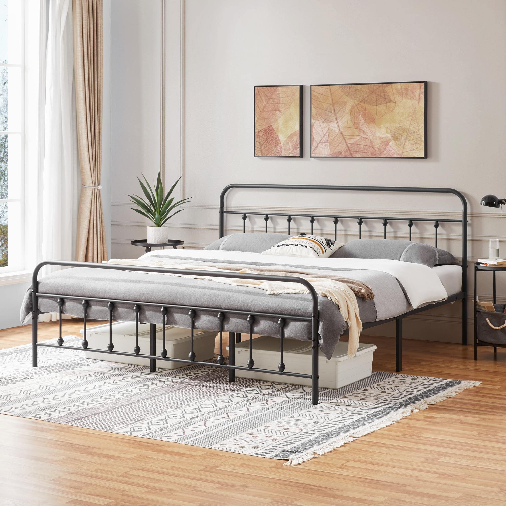 Yaheetech Classic Metal Platform Bed Frame Mattress Foundation With Victorian Style Iron-Art Headboard/Footboard/Under Bed Storage/No Box Spring Needed/King Size Black