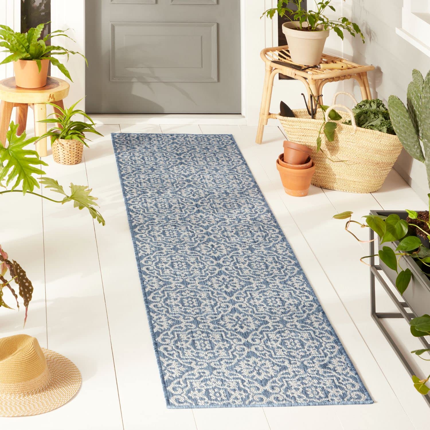 Nicole Miller New York Patio Country Danica Transitional Geometric Indoor/Outdoor Area Rug, Blue/Grey, 1'9'X7'2'