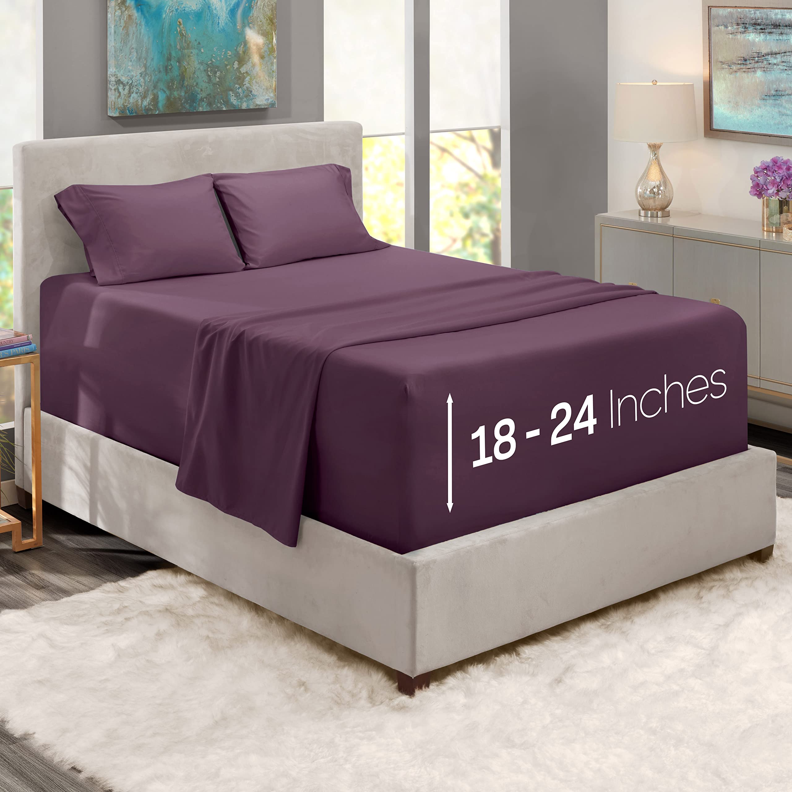 Nestl Extra Twin Deep Pocket Sheets Set - 4 Pc Soft Microfiber Twin Sheets Deep Pocket - Fade Resistant Bedding Sheets & Pillowcases - Twin, Eggplant Purple