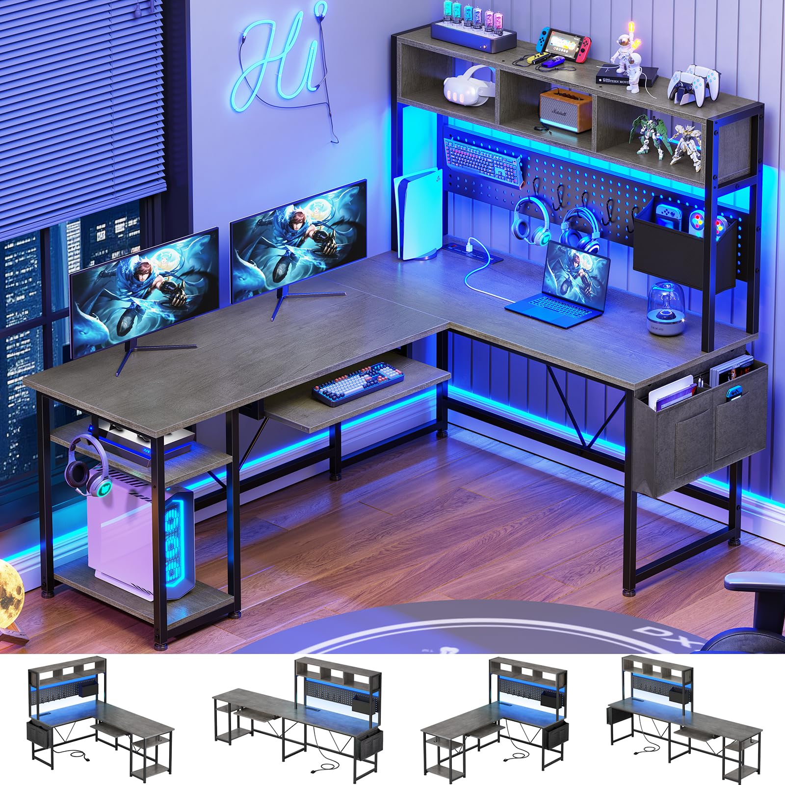 SEDETA L Shaped Gaming Desk with Hutch, 57.5    Reversible Home Office Desk with Power Outlet and Pegboard, Gaming Computer Desk