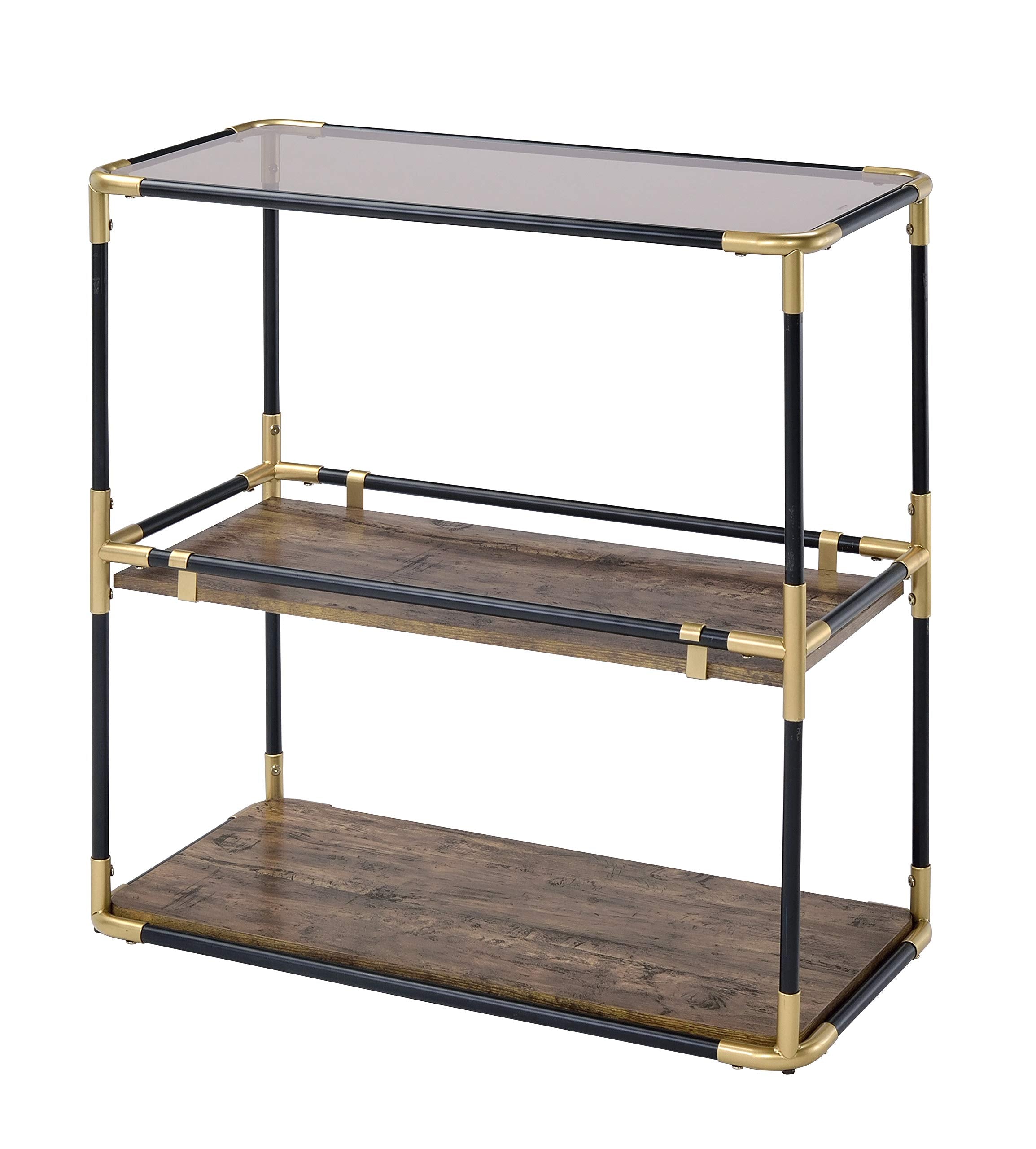 Benjara Rechange Glass Top Console Table Metal Tubular Framing And Wooden Shelves, Black And Brown
