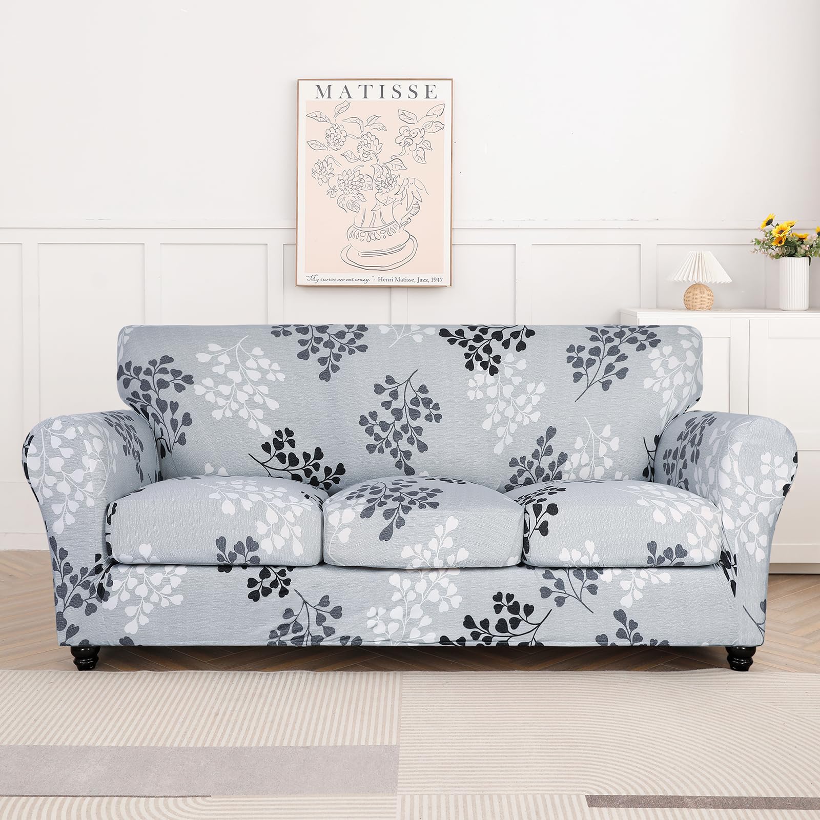Searchi Stretch Sofa Cover Printed Couch Cover, Floral Pattern 4 Pieces Sofa Slipcover With 3 Separate Cushion Cover, Washable Furniture Protector For Living Room(Sofa, Leaf Pattern)