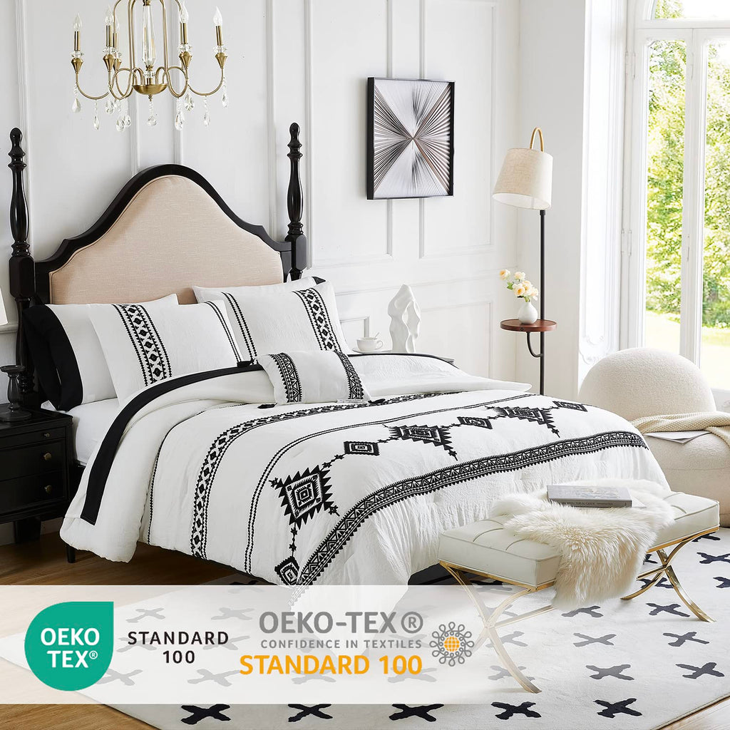 Maireve White King Bedding Set Boho 7 Piece, King Size Comforter Set 7 Pieces With Comforters, Sheets In Embroidery King Comfort