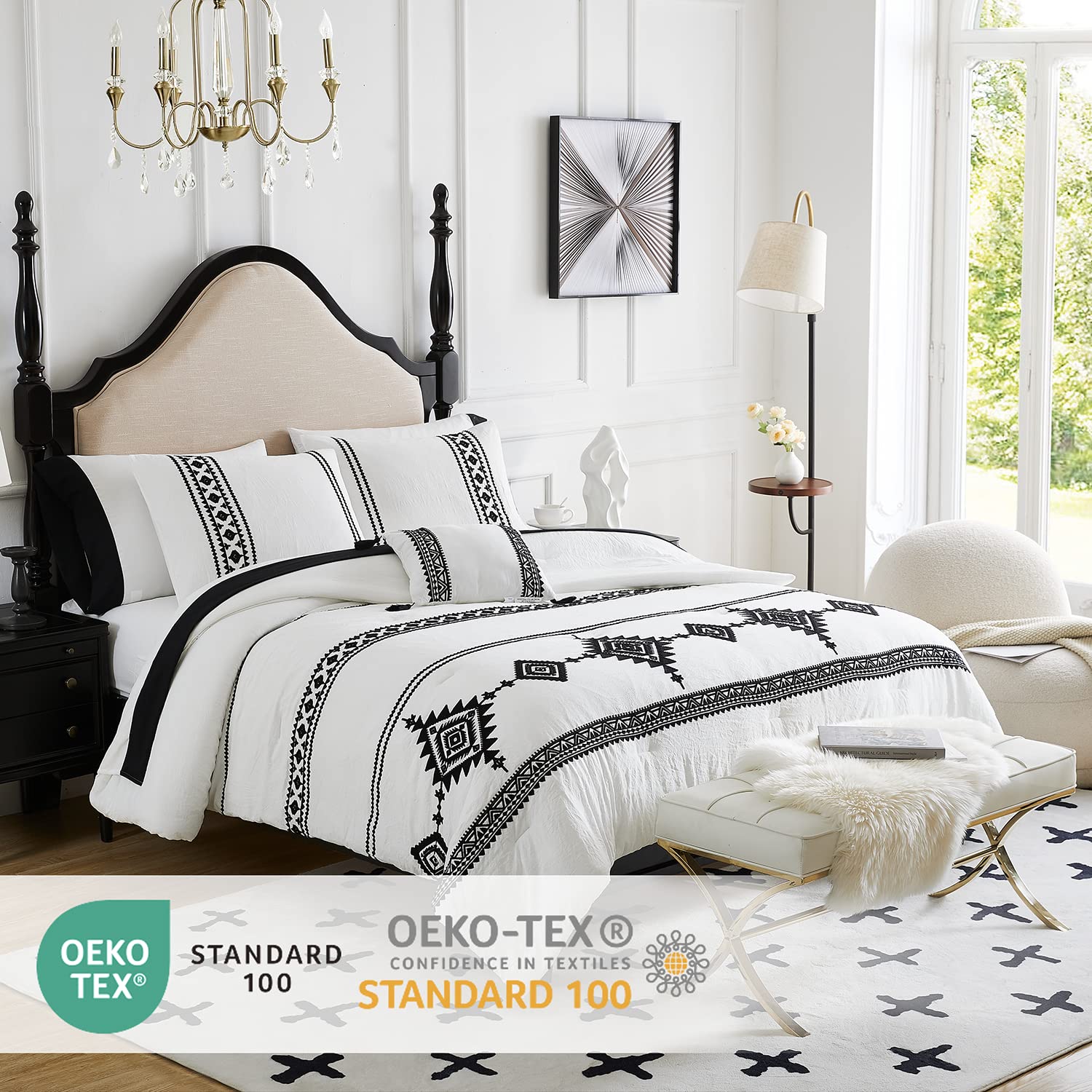Maireve White King Bedding Set Boho 7 Piece, King Size Comforter Set 7 Pieces With Comforters, Sheets In Embroidery King Comfort