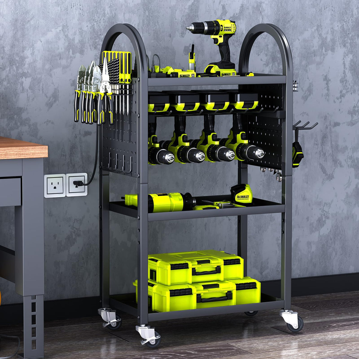 Kafahom Power Tool Organizer - 4 Tier Rolling Tool Cart With 8-12 Drill Holder,Tool Storage Cart On Wheels - Heavy Duty Metal Ut