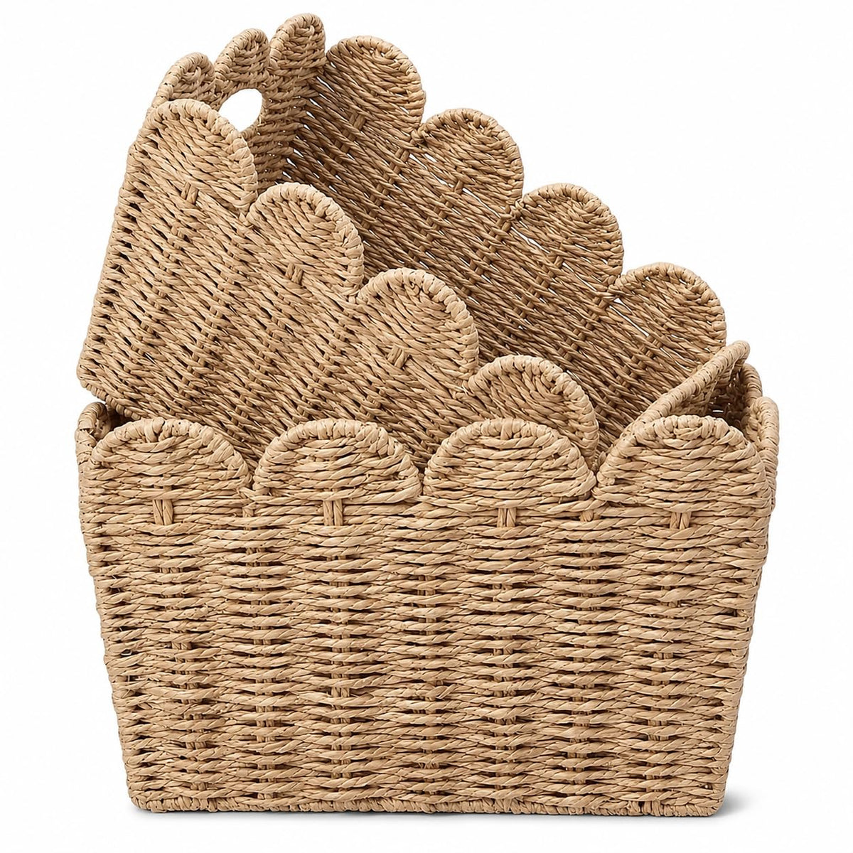 Rattanzenith Scalloped Storage Baskets Set of 2, BuiltIn Handles