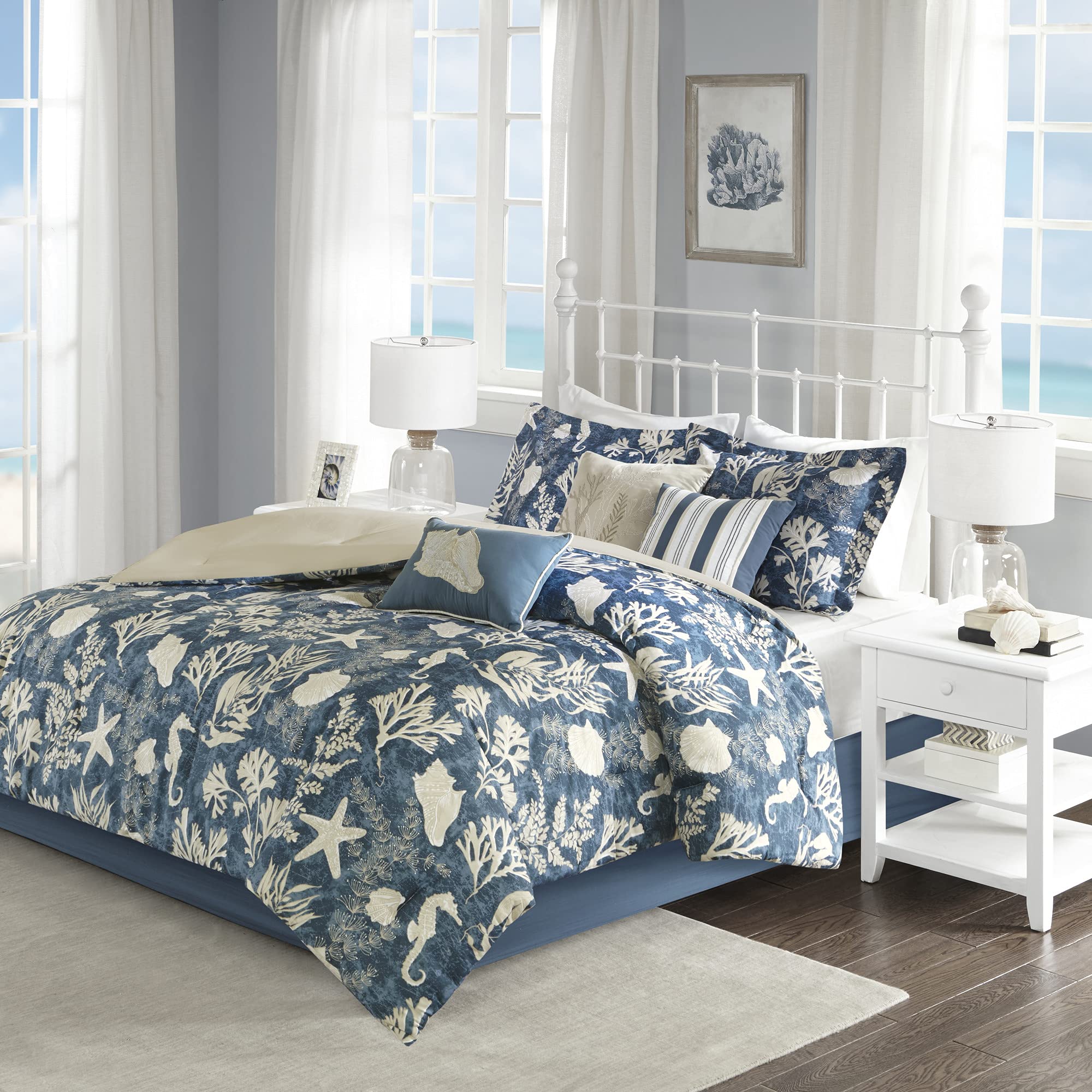 Madison Park 100% Cotton Comforter Set-Coastal Coral, Starfish Design All Season Down Alternative Cozy Bedding With Matching Shams, California King (104 In X 92 In), Blue 7 Piece