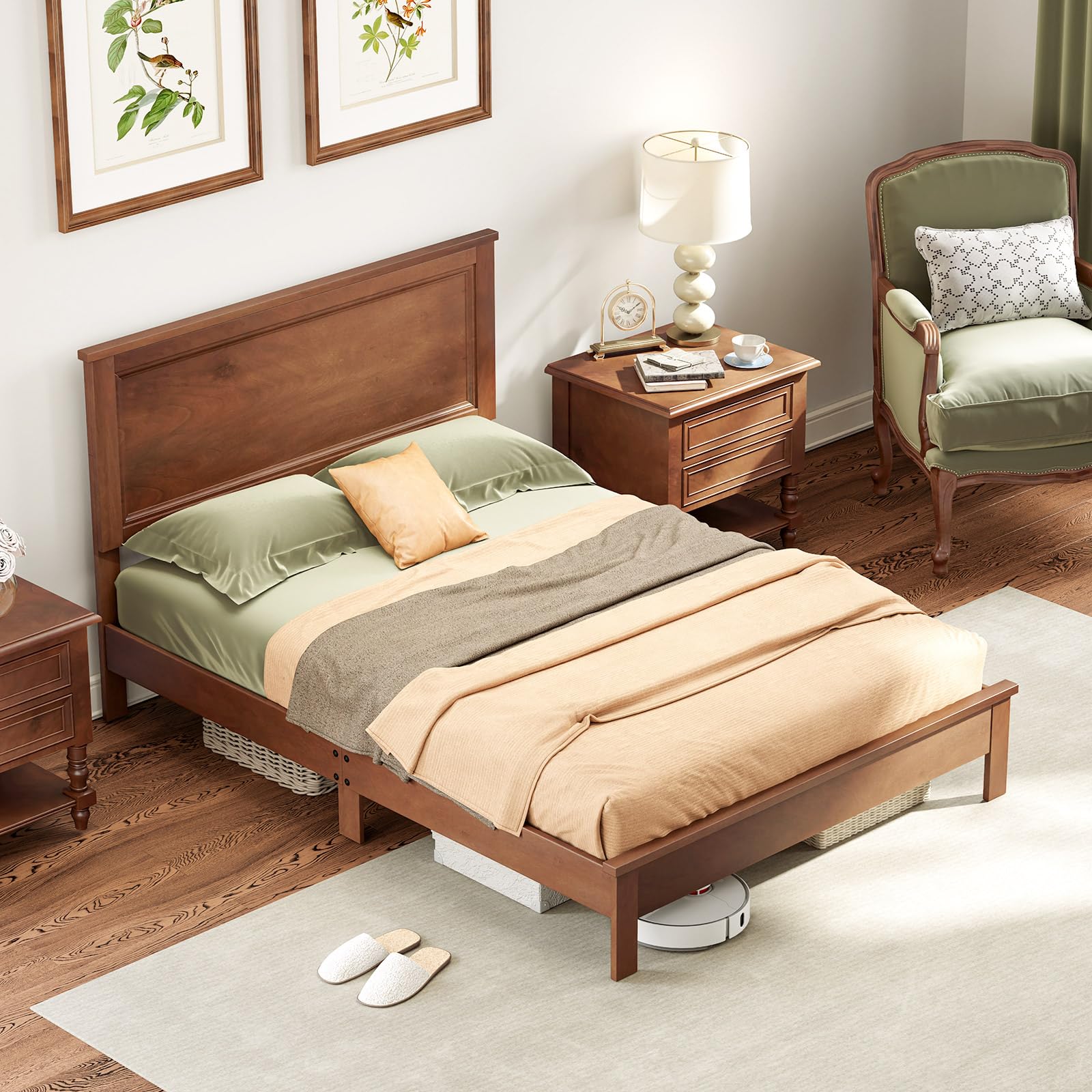 Giantex Wood Full Platform Bed Frame with Headboard, Mid Century Bed Frame with Solid Wood Legs & Wooden Slat Support, Pallet Be