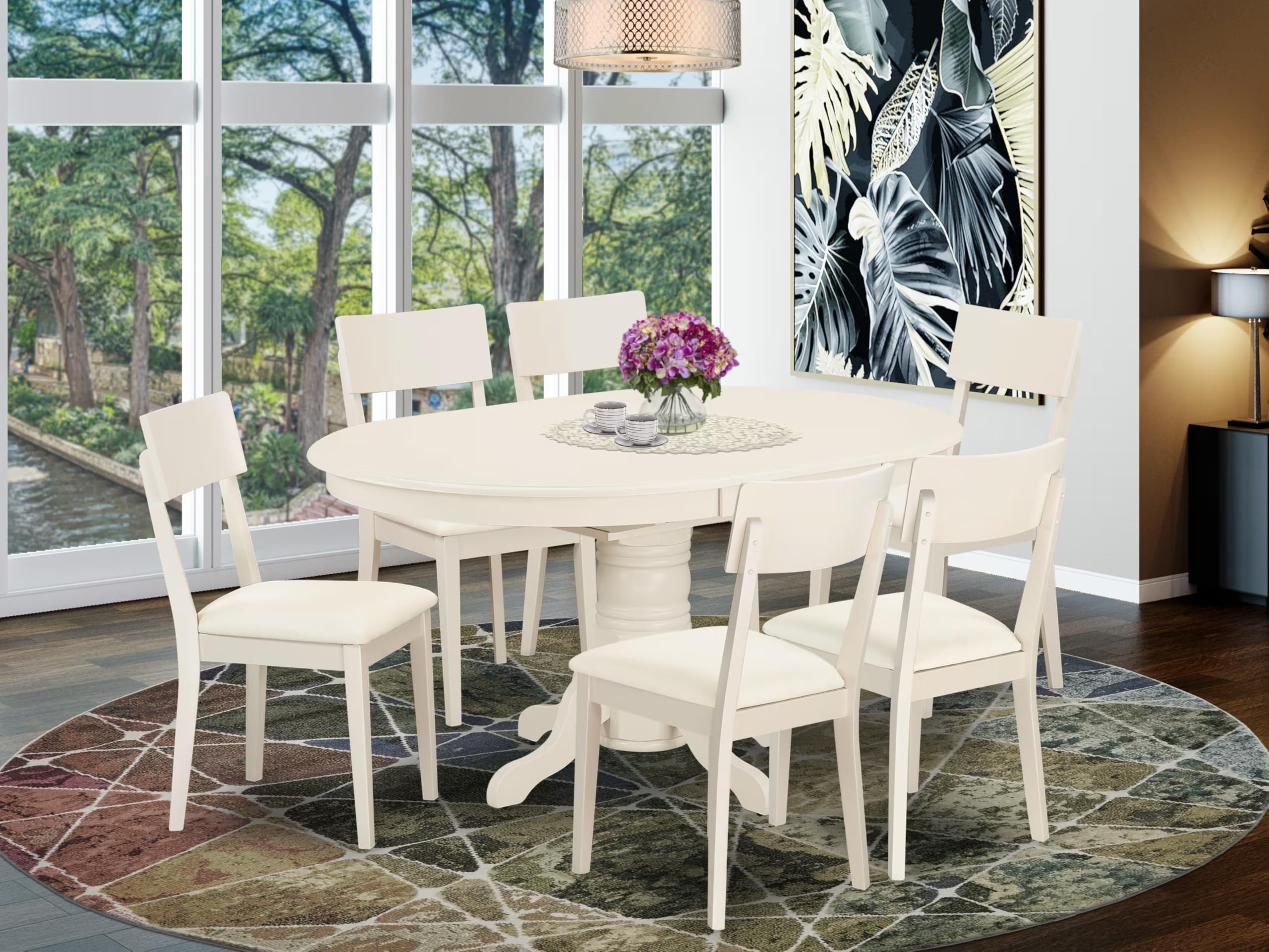 East West Furniture AVAD7-LWH-LC 7 Piece Dining Table Set Consist of an Oval Dining Room Table with Butterfly Leaf and 6 Faux Leather Upholstered Chairs, 42x60 Inch, Linen White