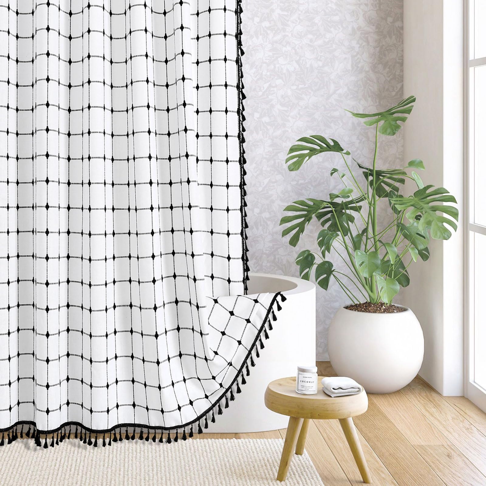 MitoVilla Ivory Boho Black Farmhouse Shower Curtain Set 72 x 78, White 78 inch Long Cotton Linen Tassel Fabric Shower Curtain Se