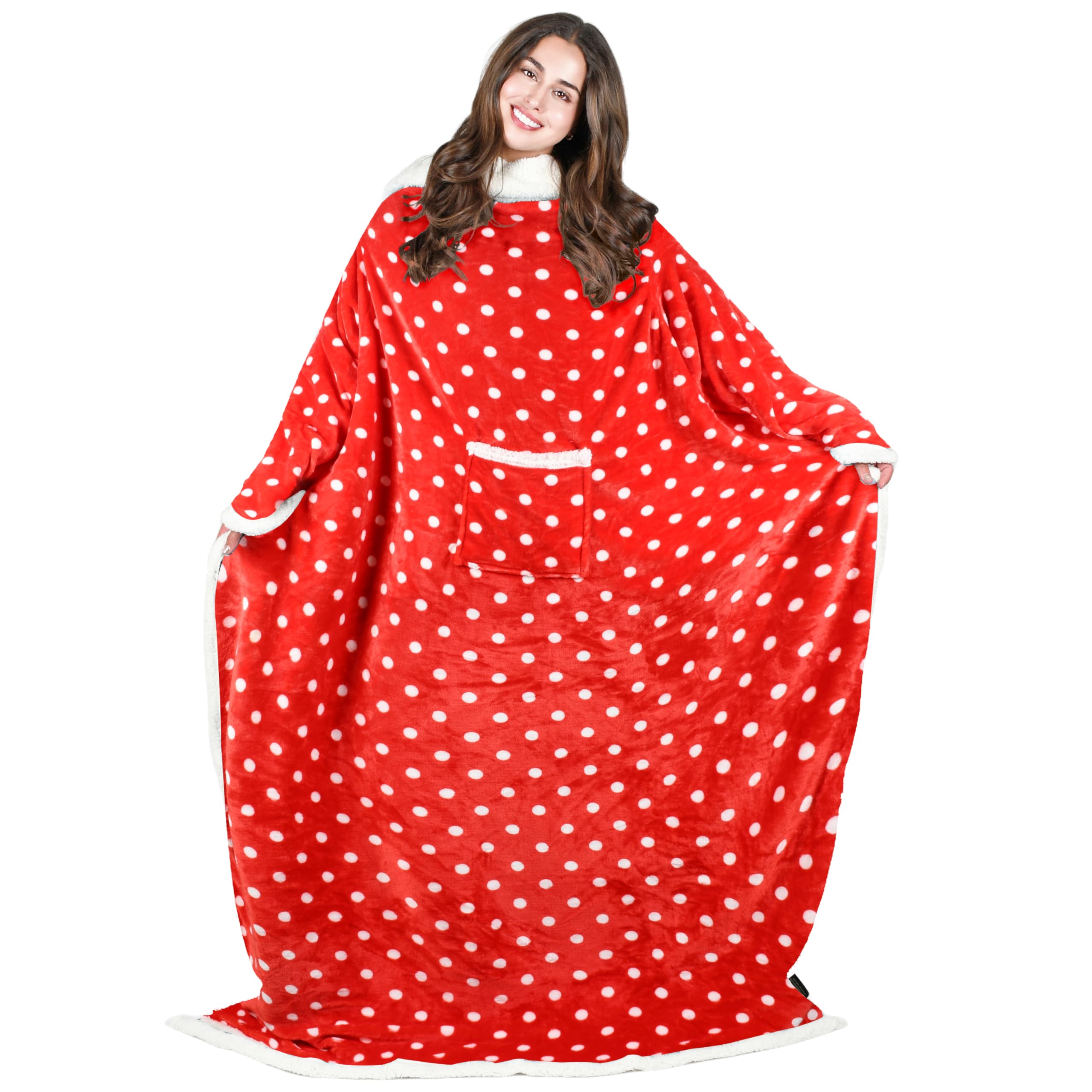 Tirrinia Dots Print Sherpa Wearable Blanket For Adult Women And Men, Super Soft Comfy Warm Plush Throw With Sleeves Tv Blanket W