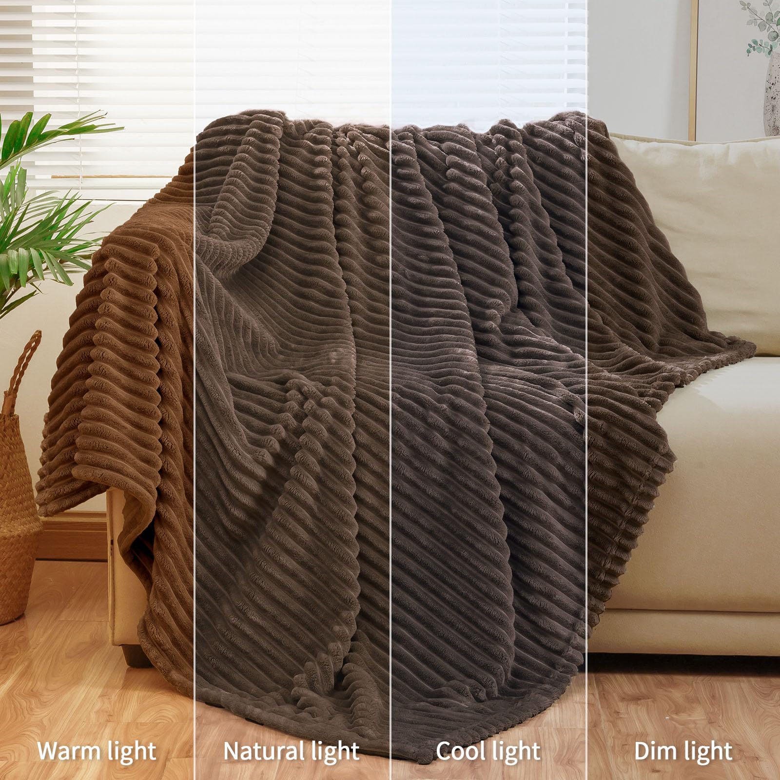 Bnuitland Brown Flannel Throw (50X70 Inches) With Storage Pouch,300Gsm Super Soft Fleece Stripe Pattern Sofa Blanket For Adults