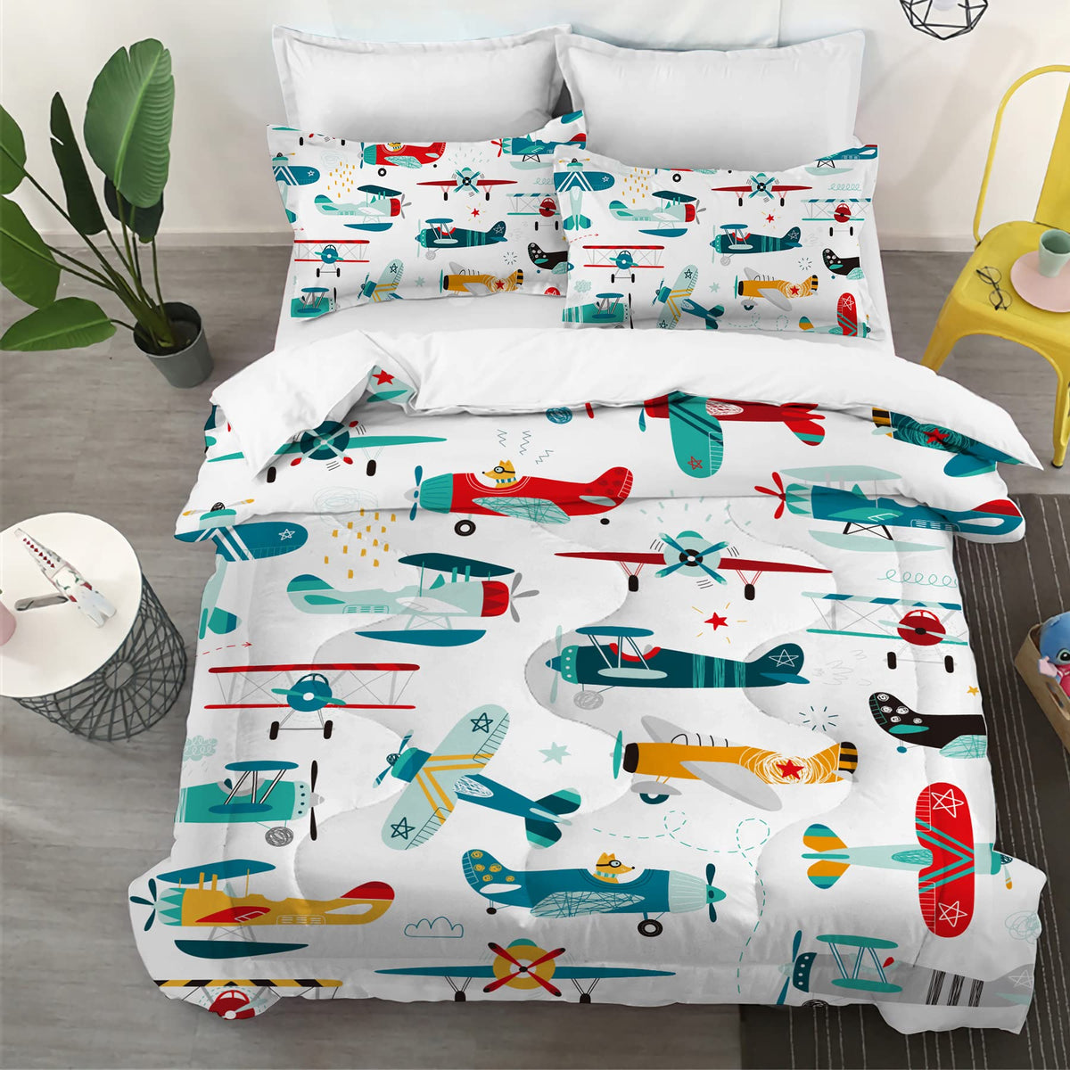 Yasida Kids Airplane Comforter Set Twin Size Colorful Cartoon Propeller Plane Bedding Set Kids Boys Bedding Sets Twin Teens Cart