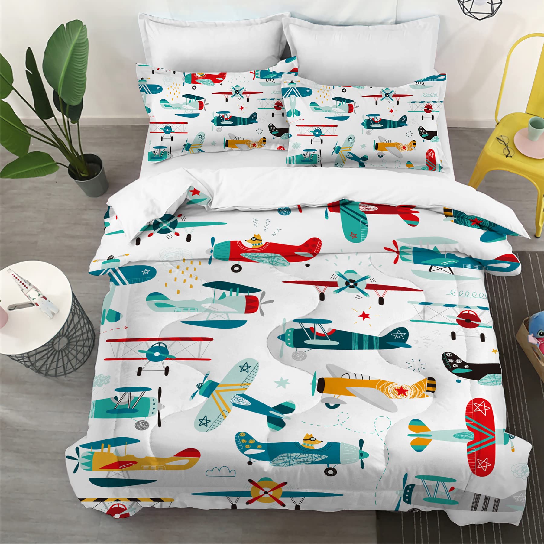 Yasida Kids Airplane Comforter Set Twin Size Colorful Cartoon Propeller Plane Bedding Set Kids Boys Bedding Sets Twin Teens Cart