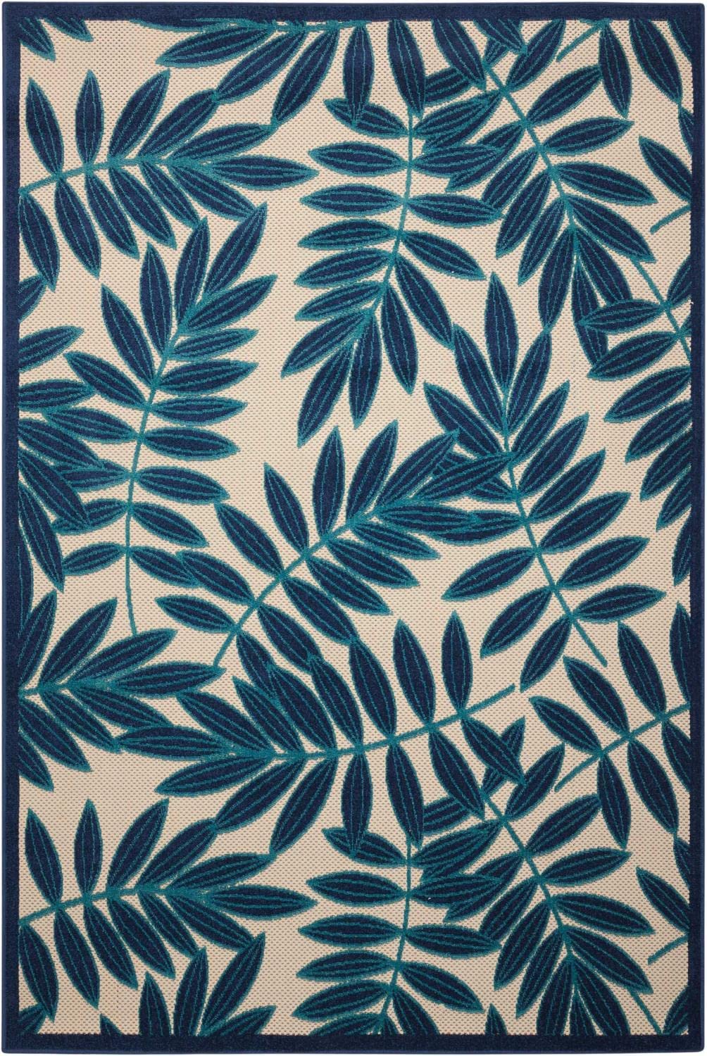 Nourison Aloha Indoor/Outdoor Navy 5'3' X 7'5' Area Rug, Tropical, Botanical, Easy Cleaning, Non Shedding, Bed Room, Living Ro