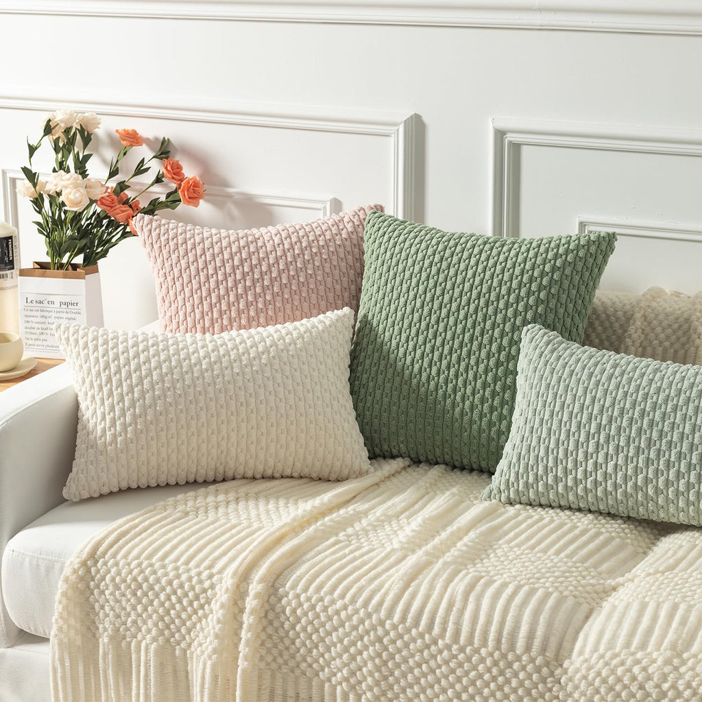 Kevin Textile 24X24 Pillow Covers, 2 Packs Decorative Throw Pillow Covers With Stripe Pattern, Super Soft Corduroy Square Solid Cushion Cover For Couch Sofa Bedroom Living Room 60X60 Cm, Sage Green