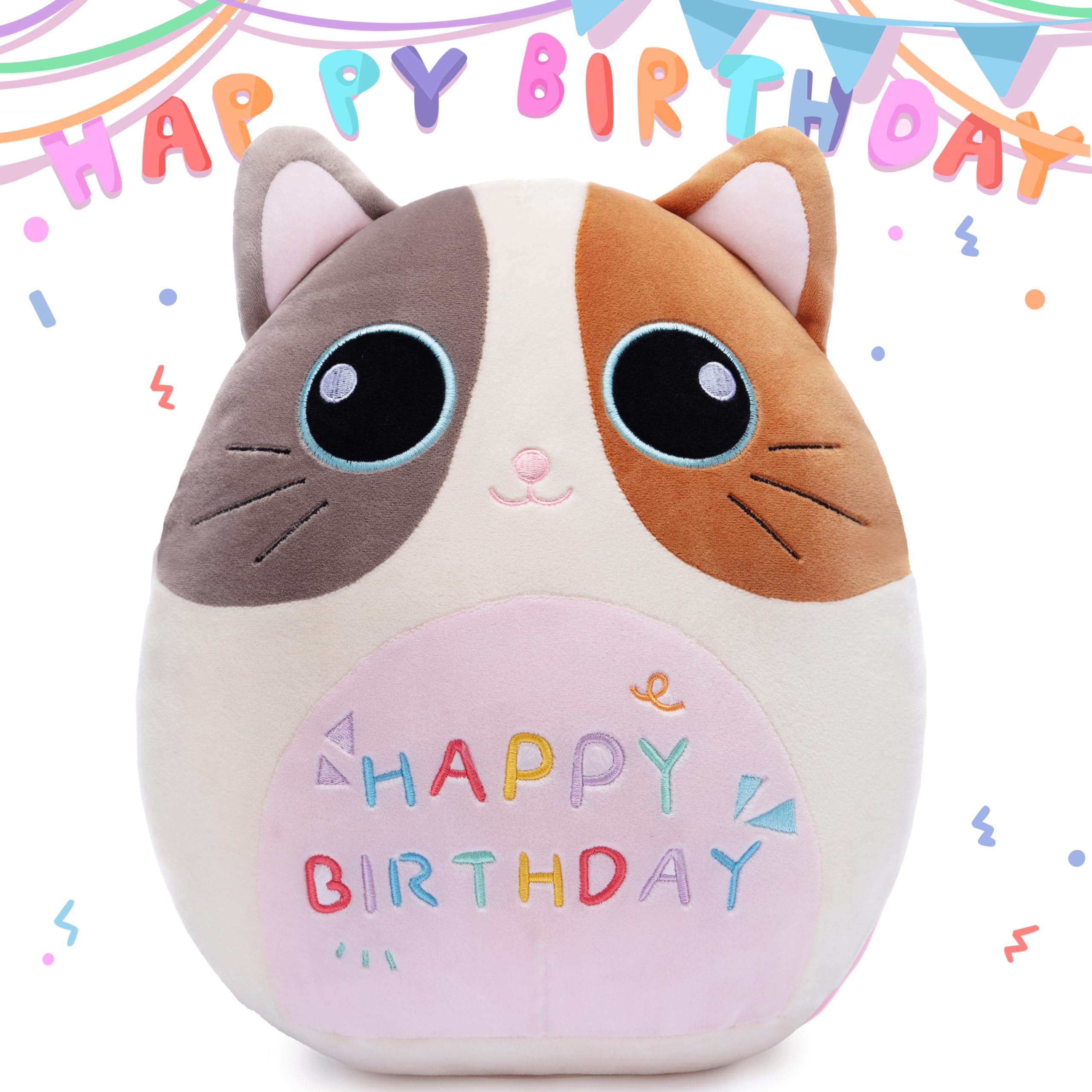 Playnics Happy Birthday Large Cat Plush Pillow Stuffed Animal Toy,12.5 ' Big Size Cute Soft Fat Kawaii Huggable Plushie,Gift Fo