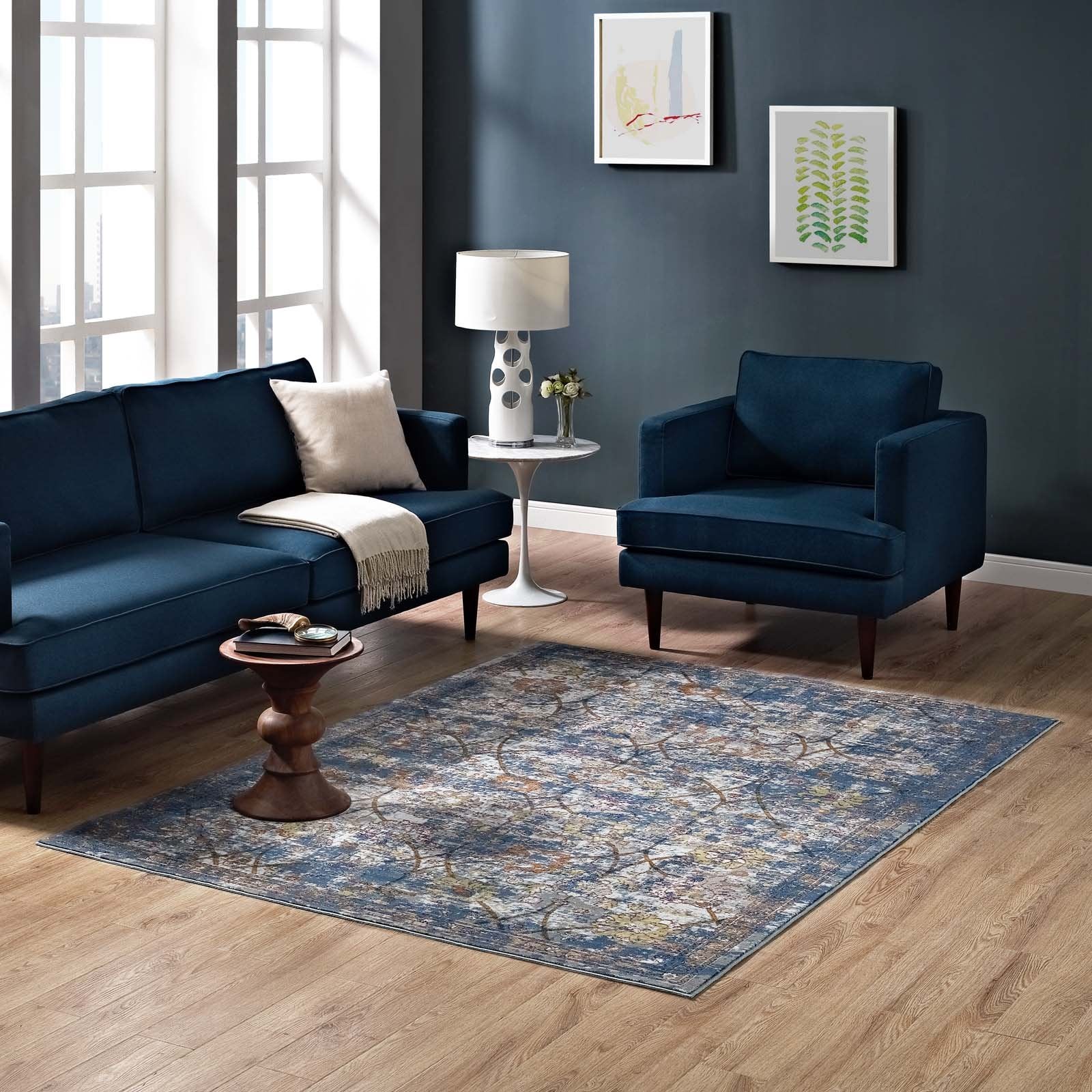 Modway Minu Distressed Floral Lattice 5X8 Area Rug In Blue Gray, Yellow And Orange