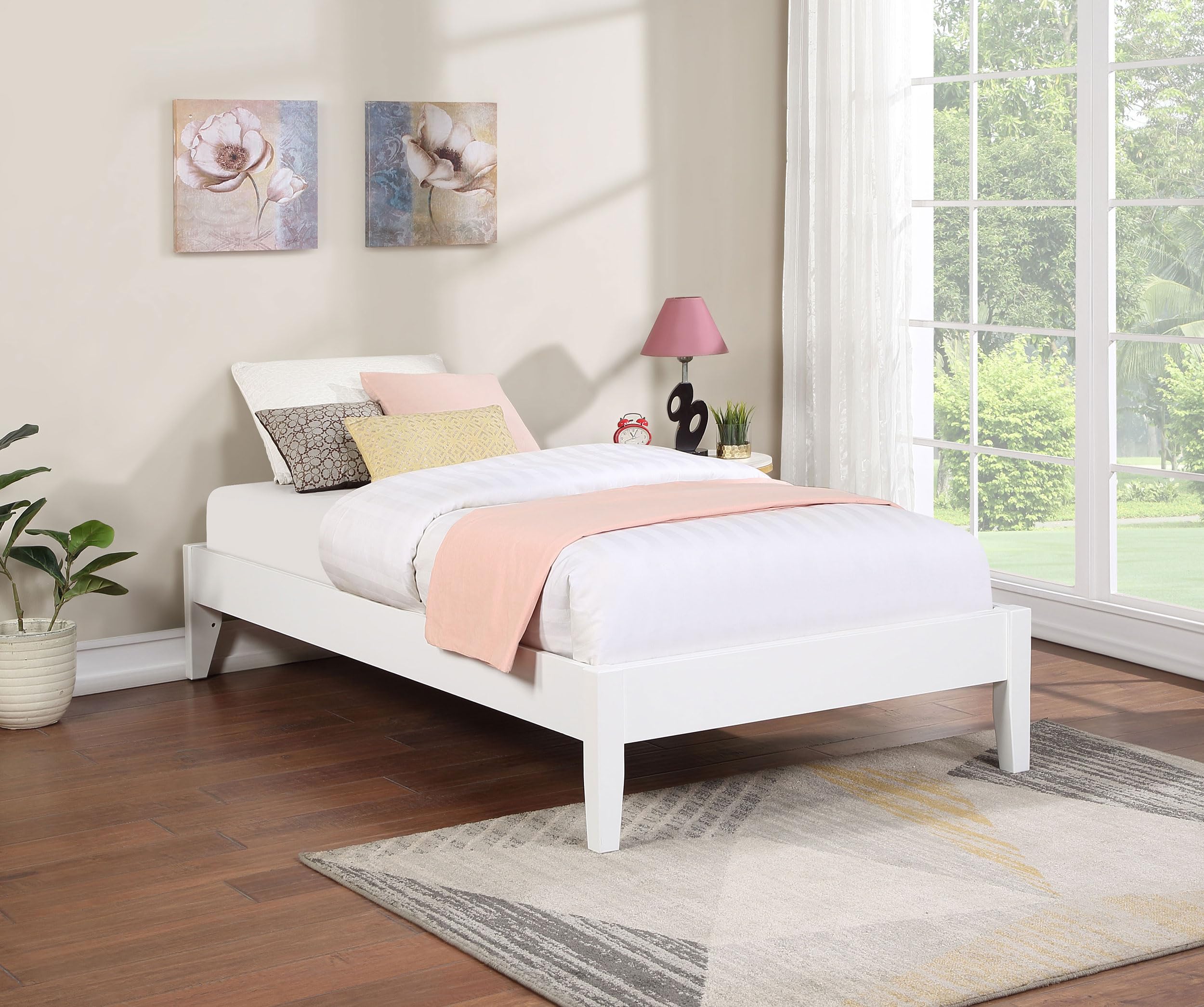 Coaster Home Furnishings Hounslow Contemporary Twin Size Pine Wood Platform Bed Frame Headboard Compatible Bed Base White 306128T