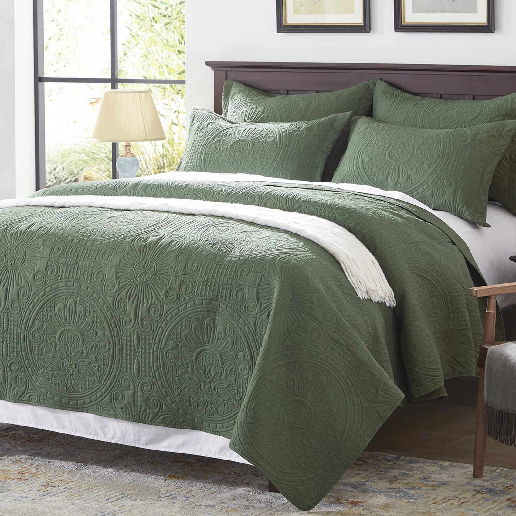 Anluoer Quilt Queen Size Bedding Set-Olive Green Embossed, Bedspreads-Lightweight Summer Soft Microfiber Bedspread, Bed Coverlet