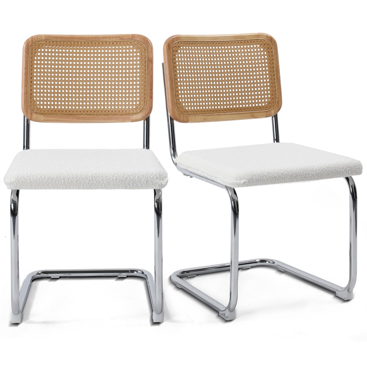 Krofem Modern Cesca Cane Dining Chairs, Set Of 2, Handwoven Rattan Cane Back, Chrome Base, Upholstered Boucle Seat, Ideal For Kitchen Or Dining Room, White