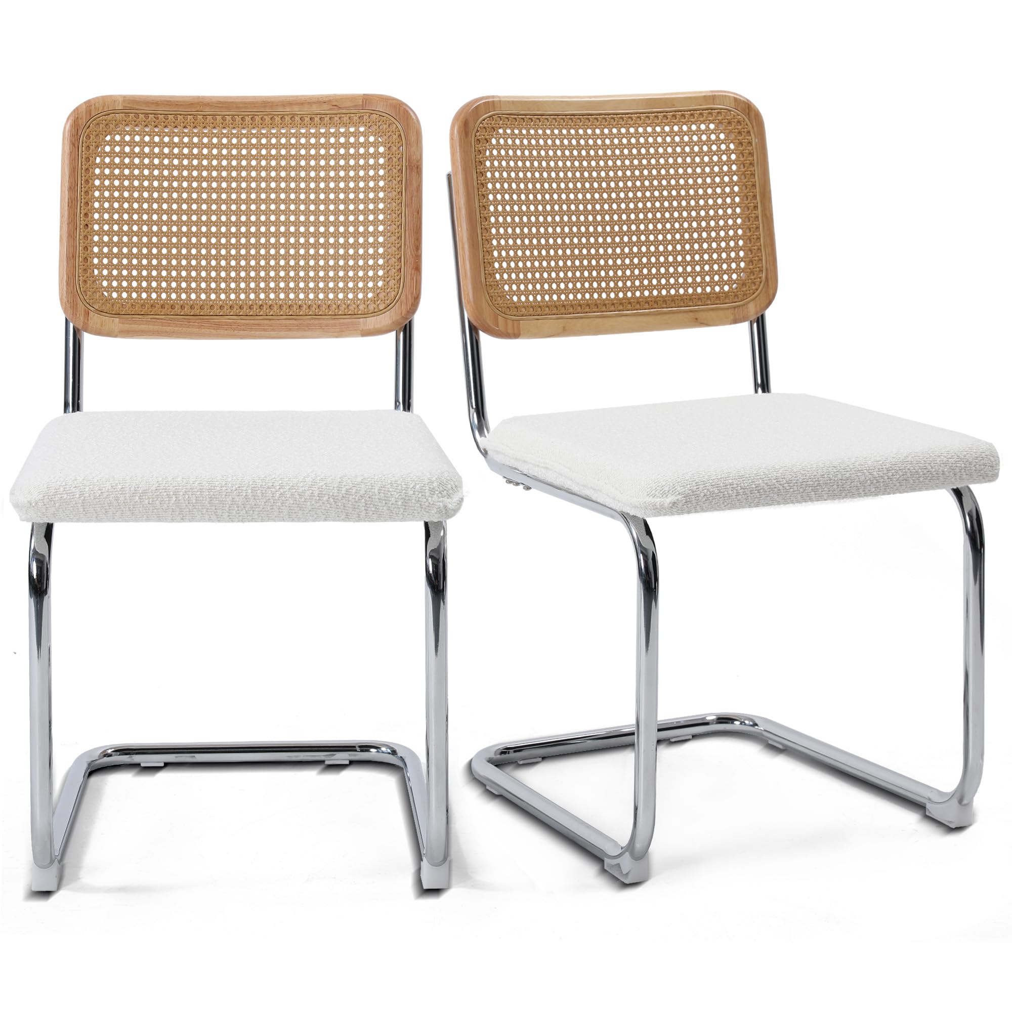 Krofem Modern Cesca Cane Dining Chairs, Set Of 2, Handwoven Rattan Cane Back, Chrome Base, Upholstered Boucle Seat, Ideal For Kitchen Or Dining Room, White