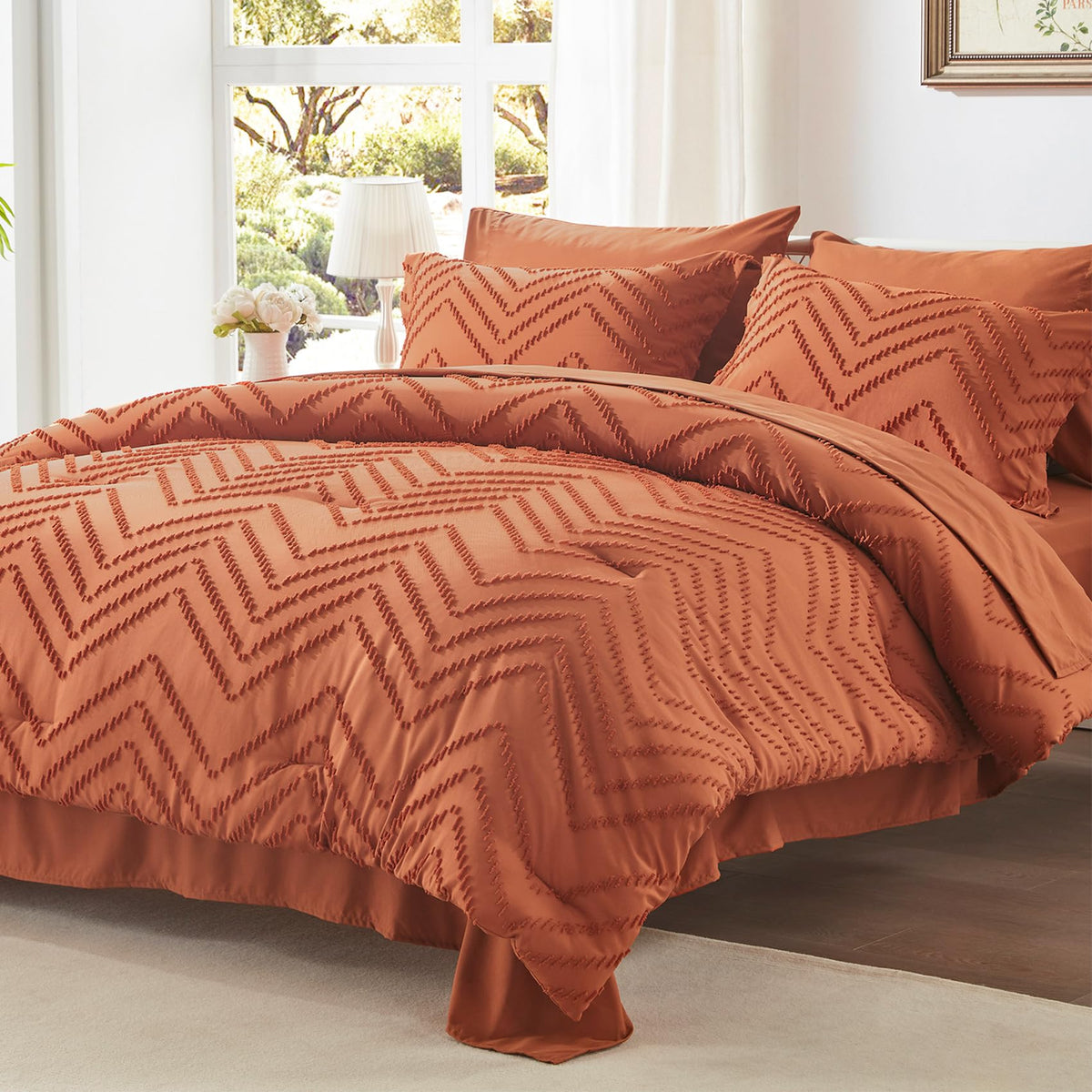 Anluoer Queen Comforter Set, Burnt Orange Tufted Bed In A Bag 7 Pieces With Comforters And Sheets, All Season Bedding Sets With