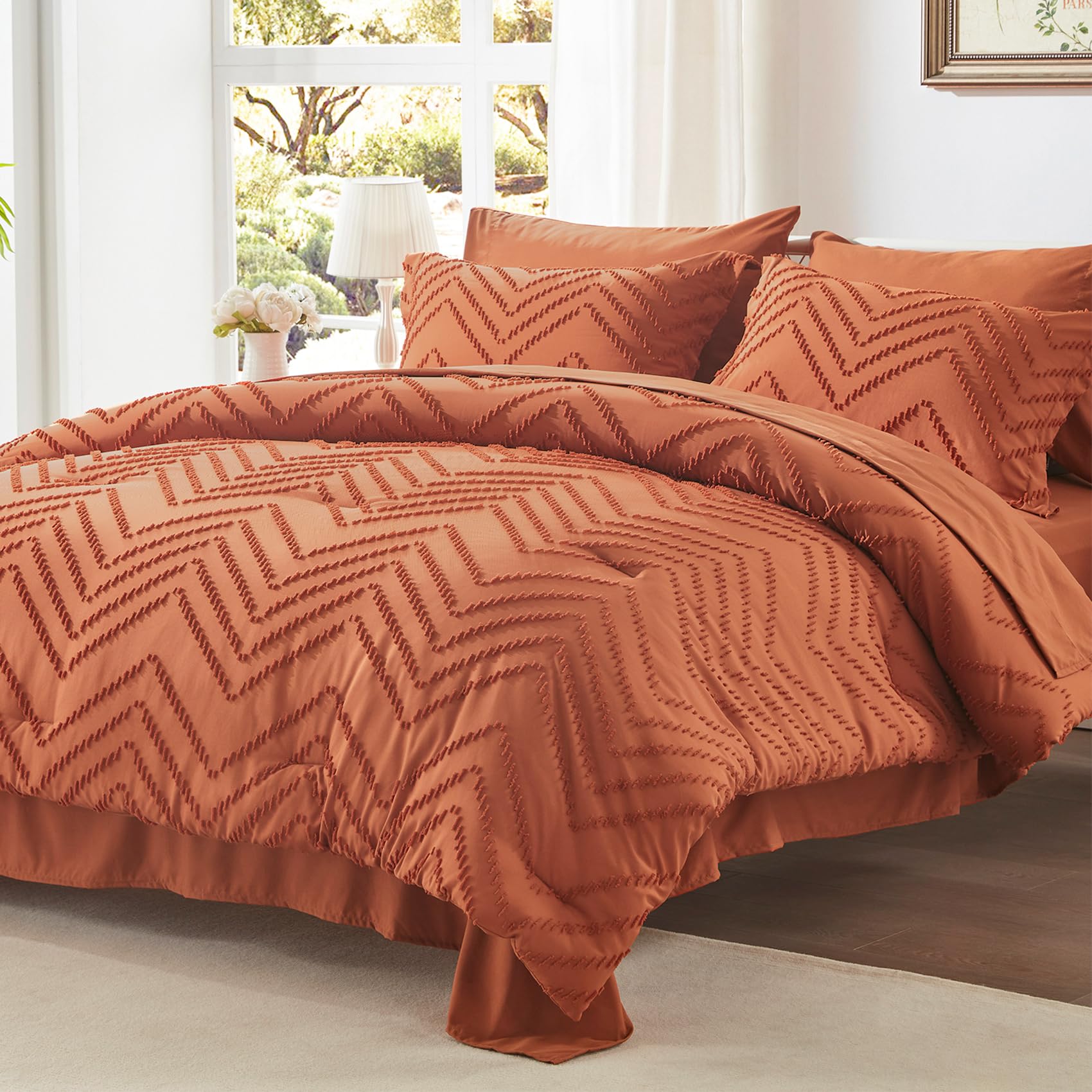 Anluoer Full Comforter Set, Burnt Orange Tufted Bed In A Bag 7 Pieces With Comforters And Sheets, All Season Bedding Sets With 1