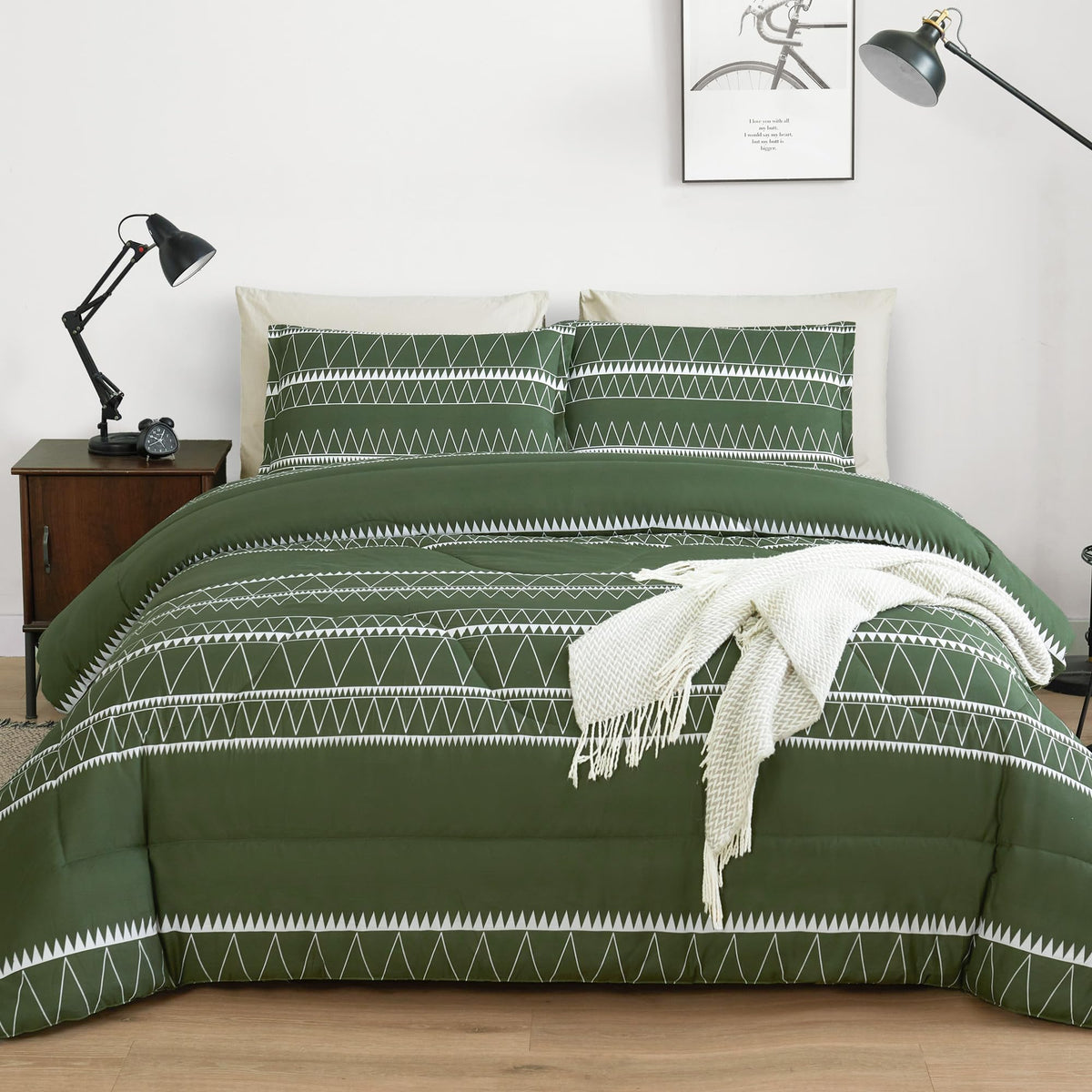 Andency Green Comforter Set Full, 3 Pieces Bedding Comforter Sets (1 Dark Green Geometric Striped Comforter & 2 Pillowcases), Li