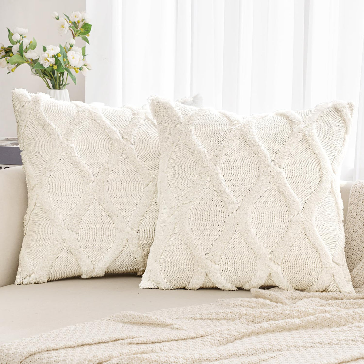 Miulee Ivory White Decorative Throw Pillow Covers 18X18 Inch Set Of 2, Soft Plush Faux Wool Couch Pillow Covers Farmhouse Throw