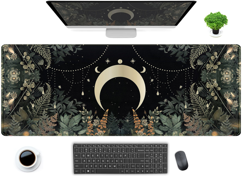 Cute Green Forest Leaves Desk Mat Whimsical Moon Mousepad Xl Large Extended Gaming Mouse Pad With Stitched Edges, Computer Lapto