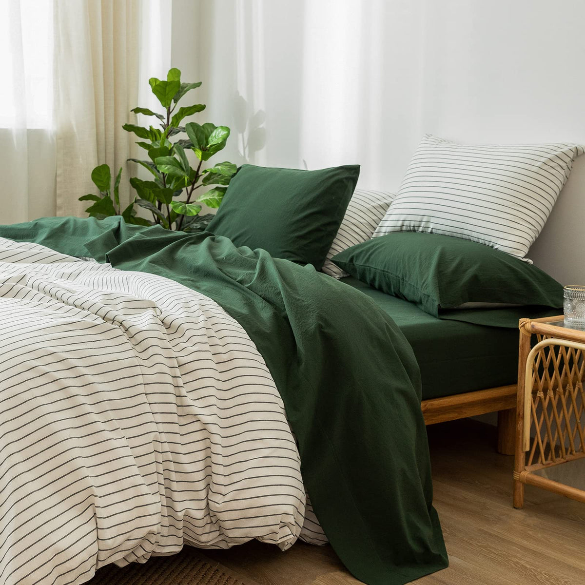 Moomee Bedding Sheet Set 100% Washed Cotton Linen Like Textured Breathable Durable Soft Comfy (Forest Green, Twin)