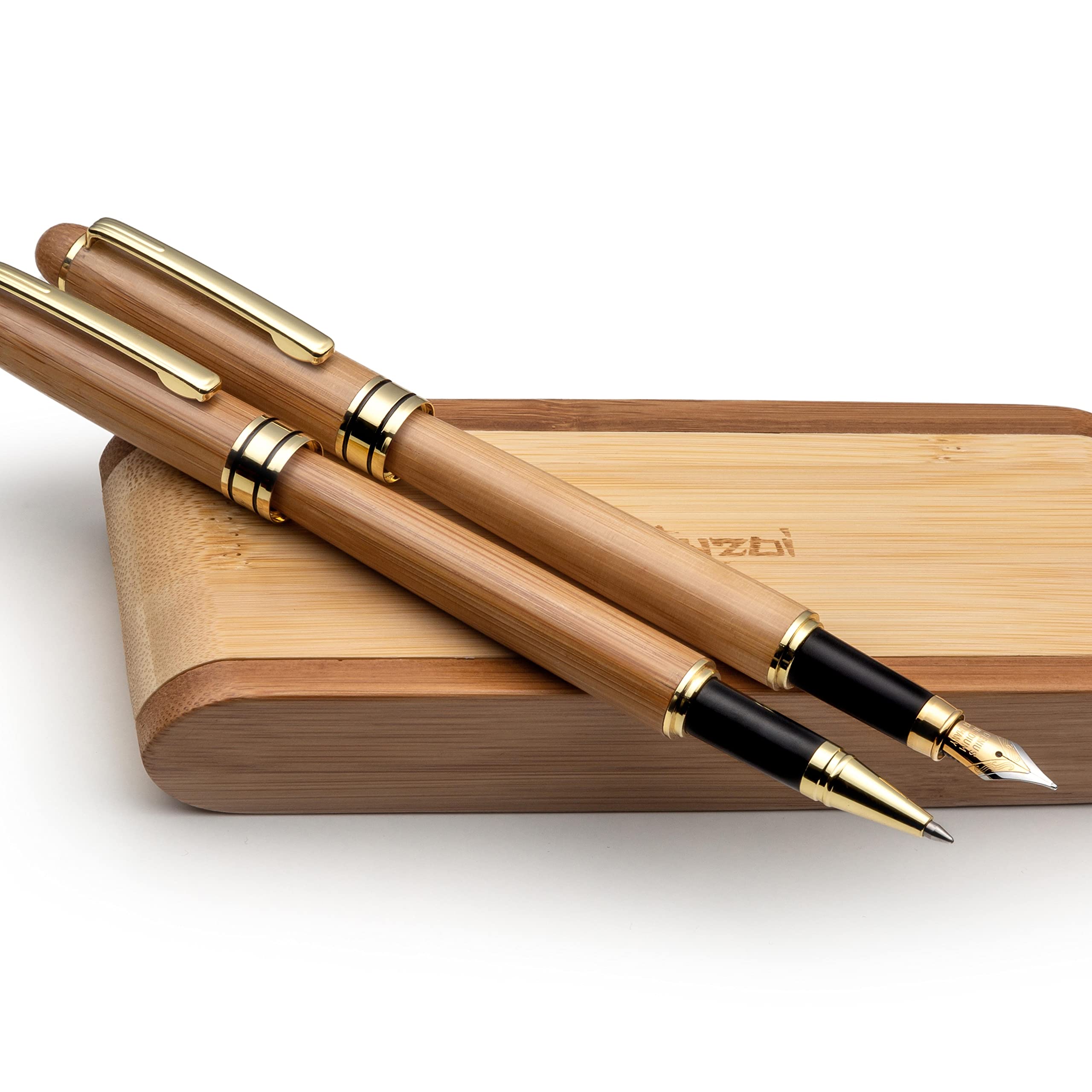 Zenzoi Wood Pen Set - Bamboo Fountain Pen W/Fine Nib & Rollerball Pen. Smooth Writing, Refillable, Vintage, Crafted, Journaling