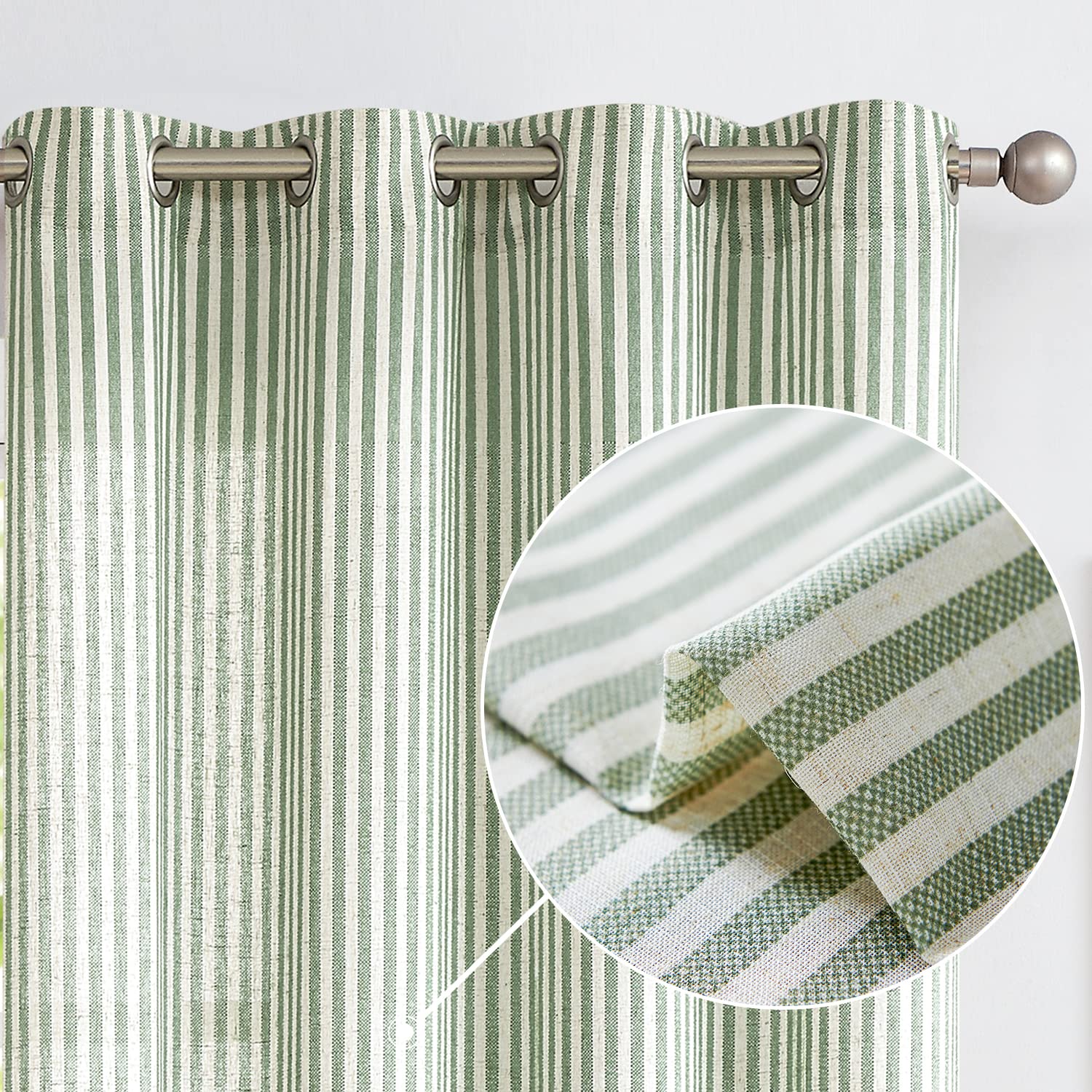 Vangao Linen Blend Stripe Curtains Tickingstripe Light Filtering Window Curtains Green Pinstripe Printed on Beige Drapes 84 Inch