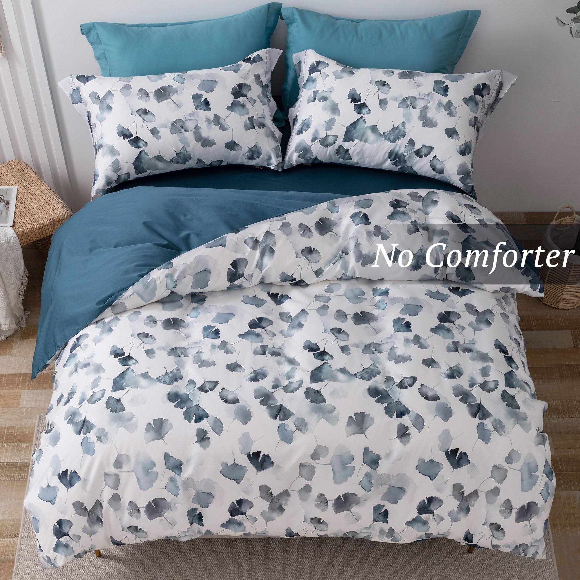 Mildly 100% Long-Staple Cotton Duvet Cover Set Light Navy Ginkgo Leaf Pattern Printed Comforter Cover 3Pcs, Ultra Soft & Breatha
