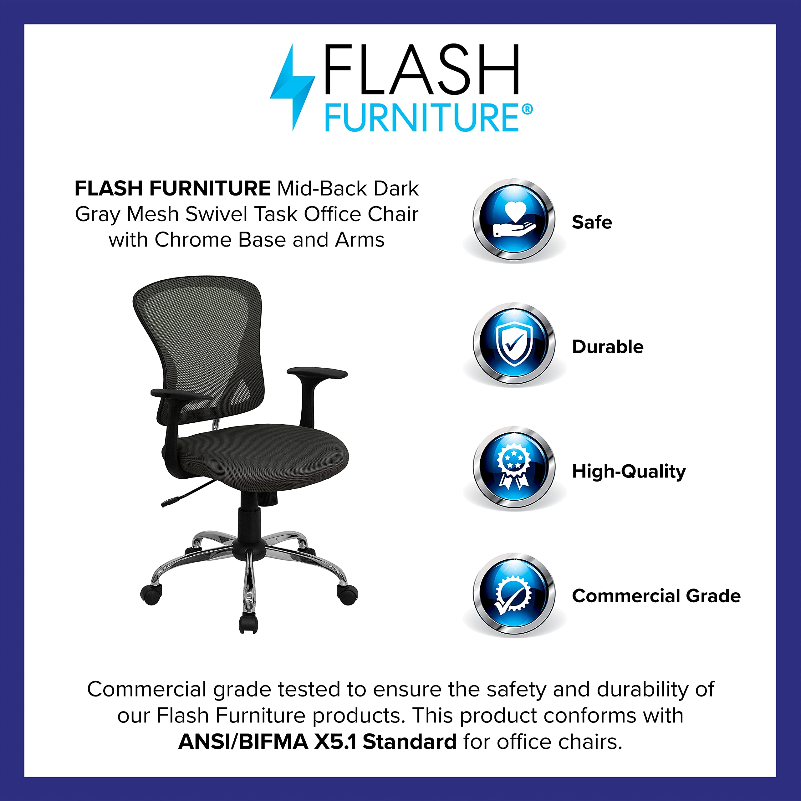 Flash Furniture Alfred Mid-Back Dark Gray Mesh Swivel Task Office Chair with Chrome Base and Arms