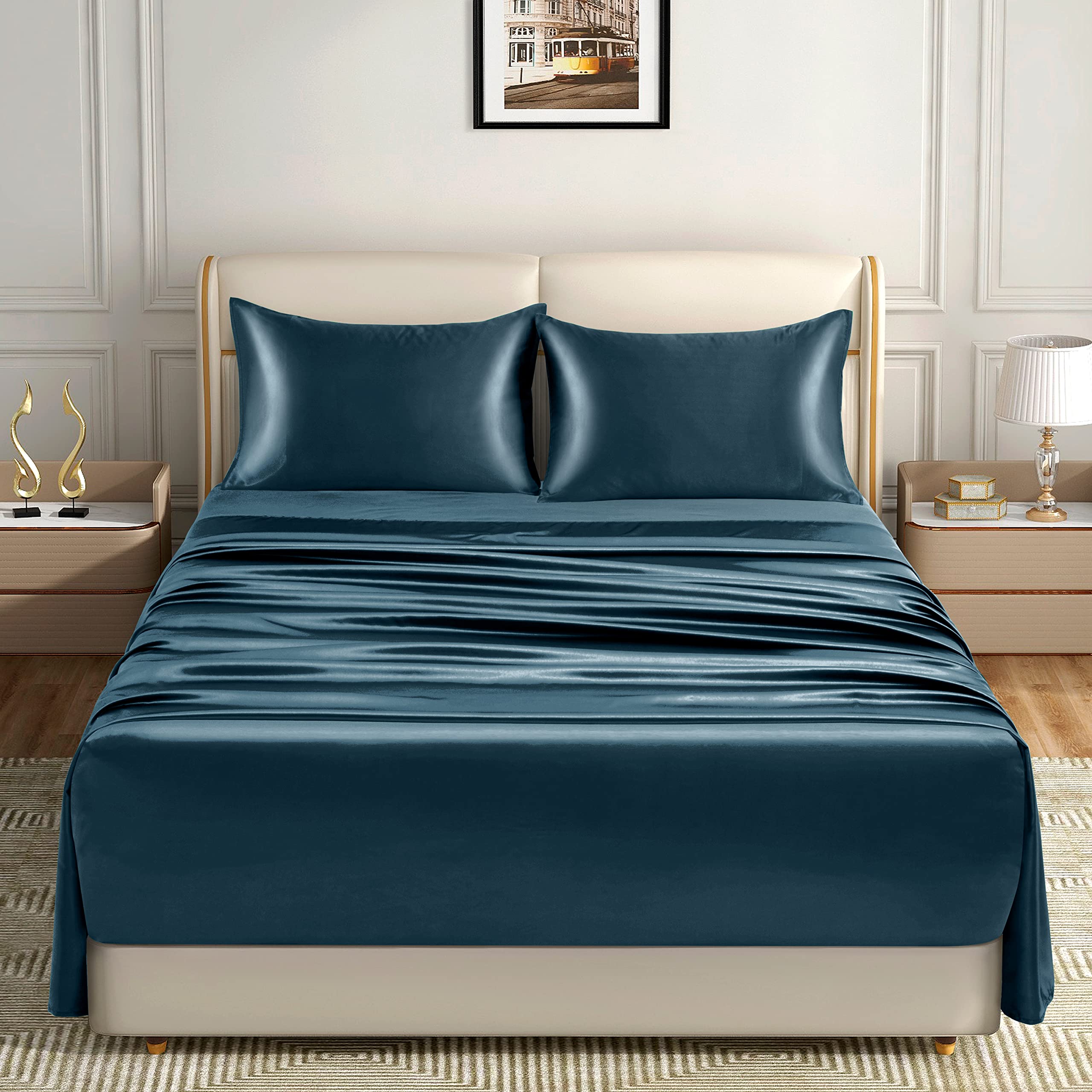 Homiest 4Pcs Extra Deep Pocket Satin Sheets Queen Size Bed Set, 18-24 Inch Deep Pocket Bed Sheets Deep Sea Blue Satin Sheet Set, Silky Satin Bedding Set Soft Fitted Sheet Set Fits Ultra Deep Mattress